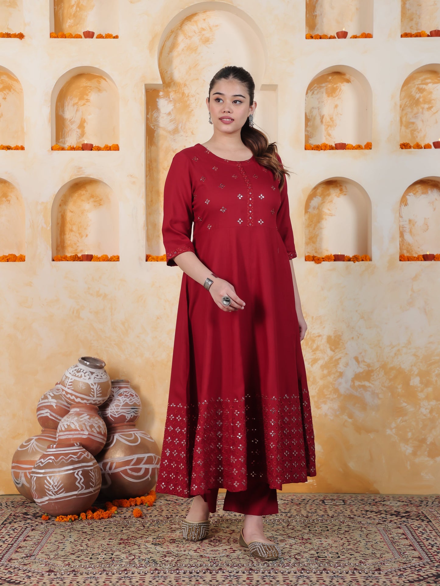 Mirror Work Red Solid Viscose Kalidar Kurta