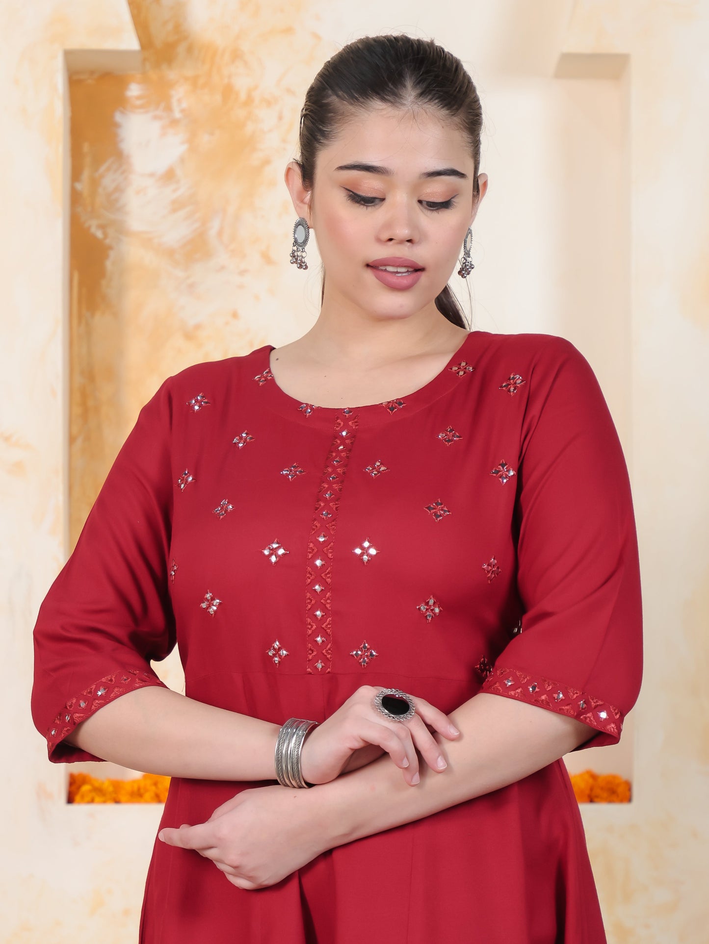 Mirror Work Red Solid Viscose Kalidar Kurta