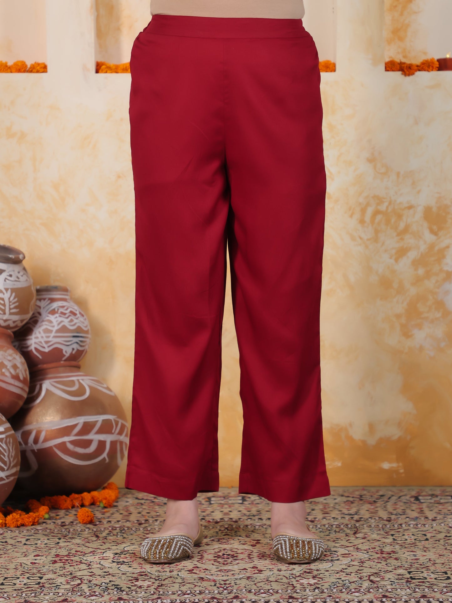 Mirror Work Red Solid Viscose Kalidar Kurta