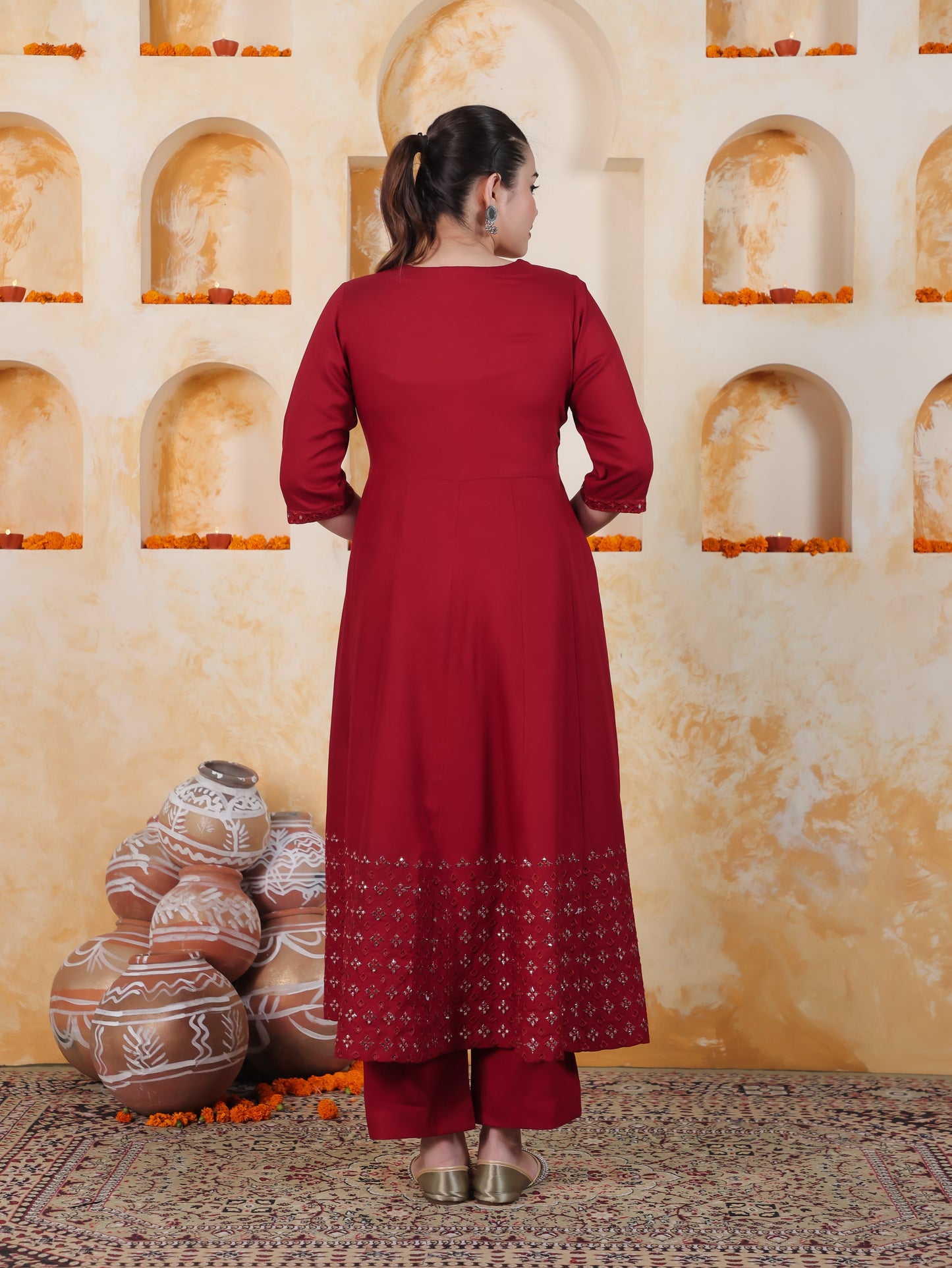 Mirror Work Red Solid Viscose Kalidar Kurta