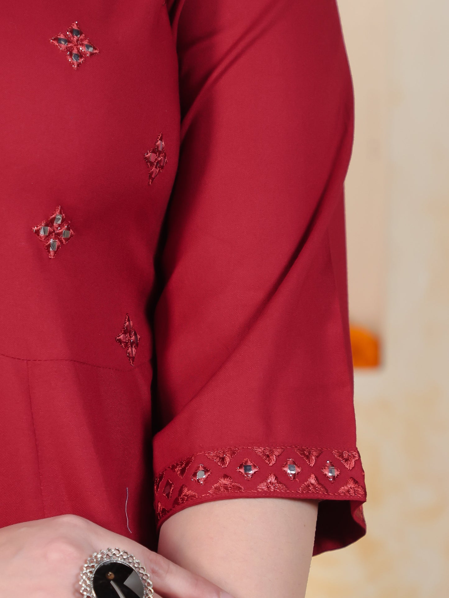 Mirror Work Red Solid Viscose Kalidar Kurta