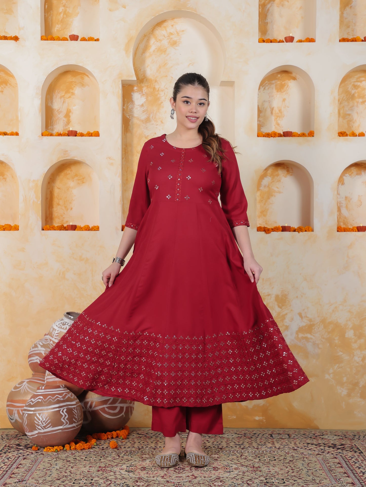 Mirror Work Red Solid Viscose Kalidar Kurta