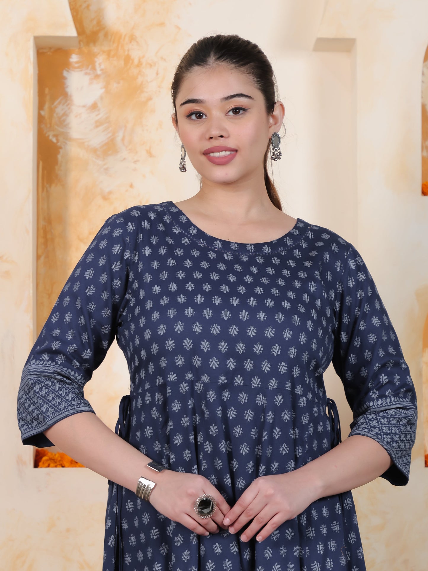 Kaantha Navy Blue Foil Viscose Kalidar Kurta
