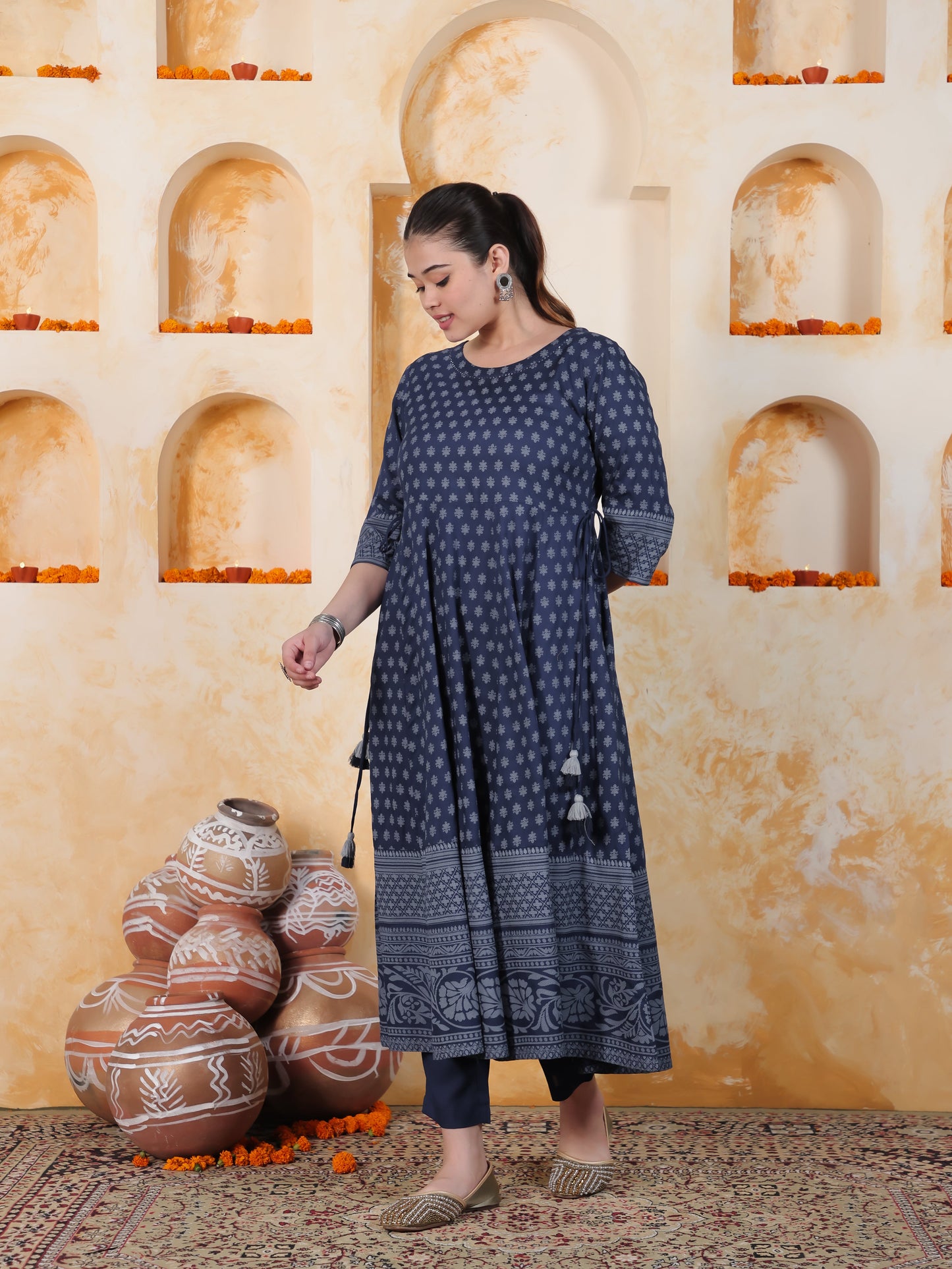 Kaantha Navy Blue Foil Viscose Kalidar Kurta
