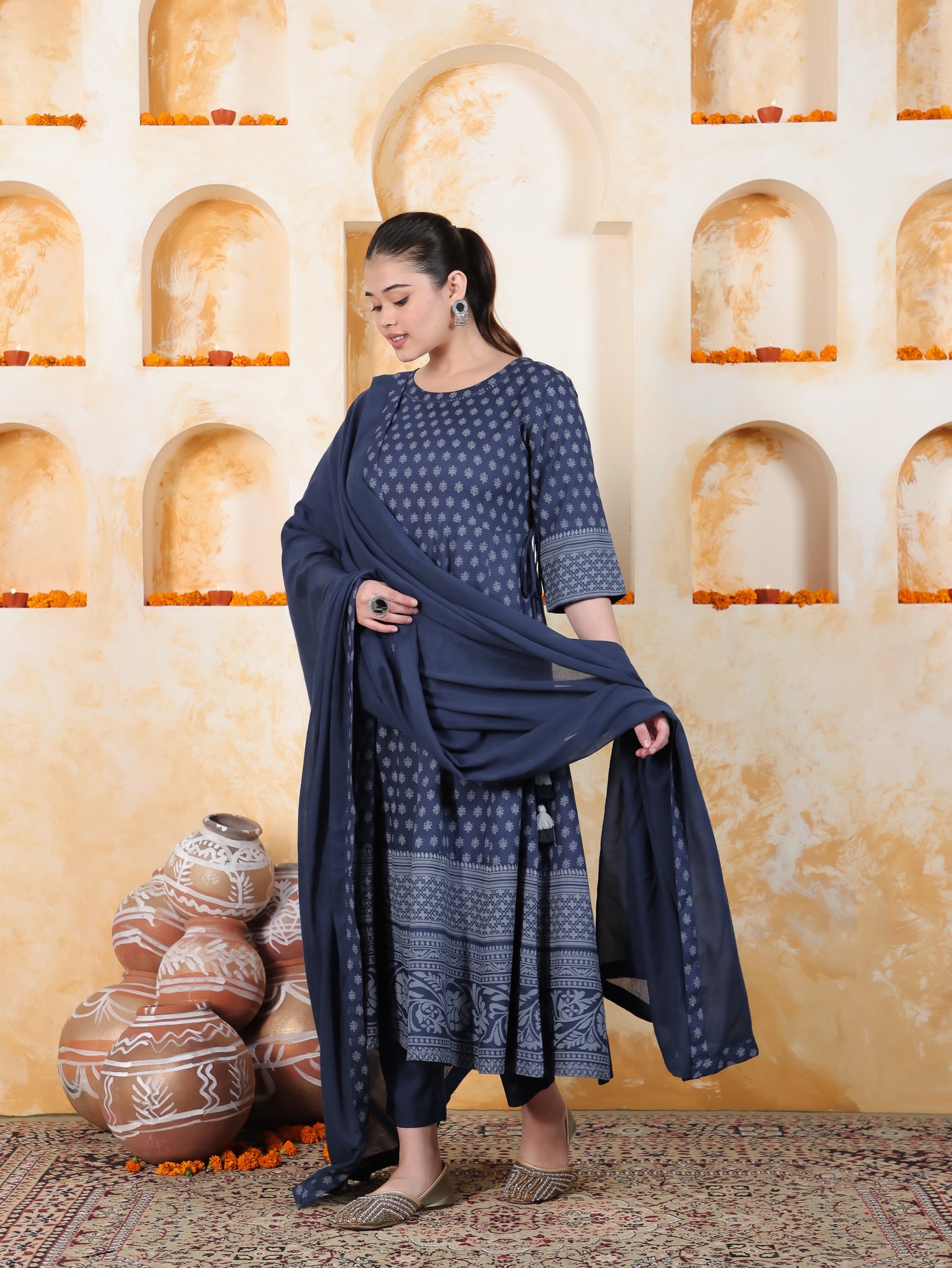 Kaantha Navy Blue Foil Viscose Kalidar Kurta
