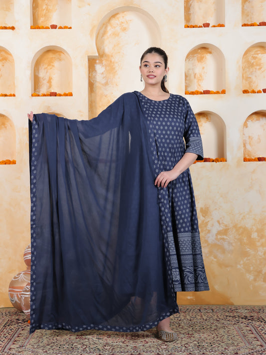 Kaantha Navy Blue Foil Viscose Kalidar Kurta