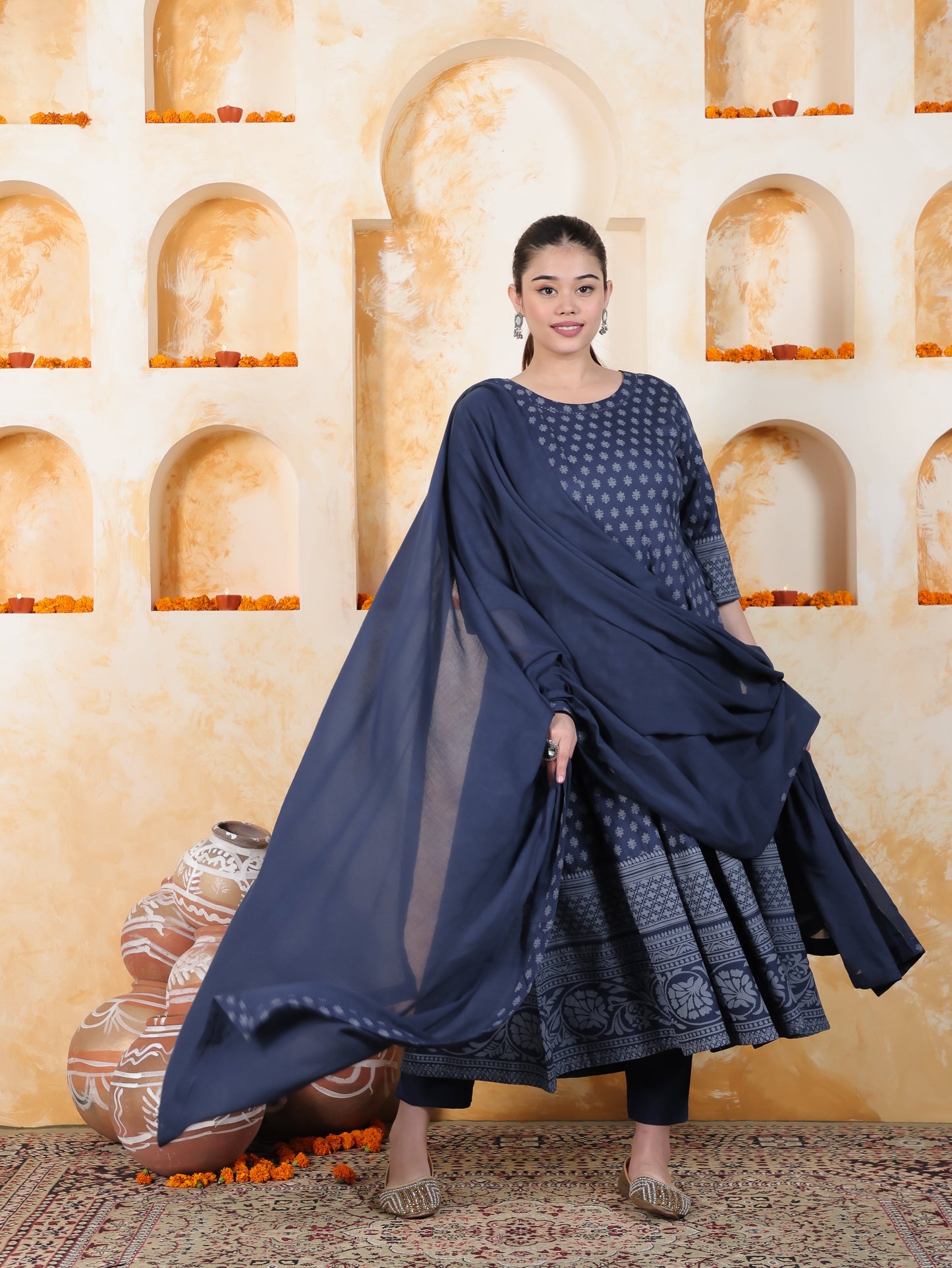 Kaantha Navy Blue Foil Viscose Kalidar Kurta