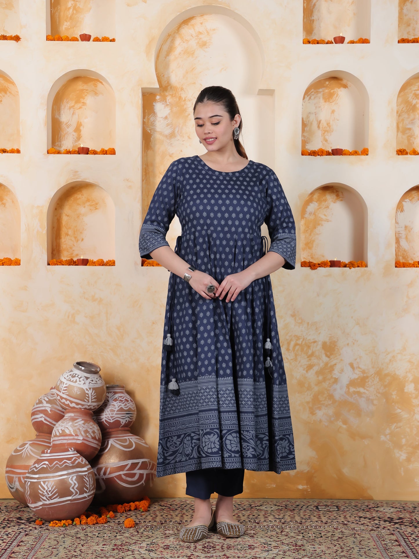 Kaantha Navy Blue Foil Viscose Kalidar Kurta