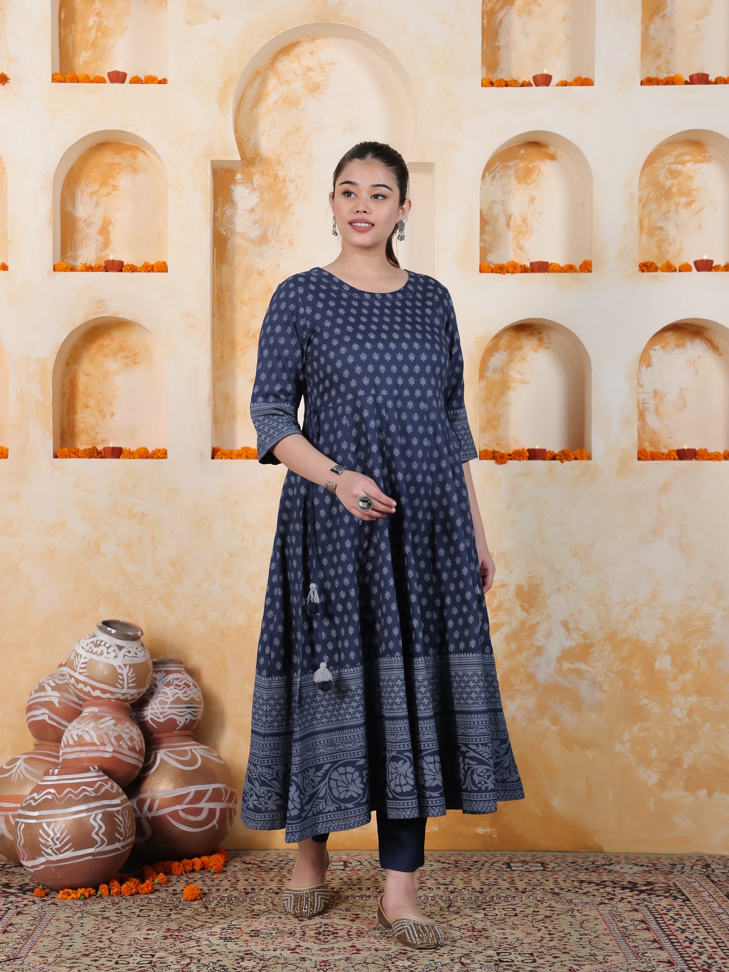 Kaantha Navy Blue Foil Viscose Kalidar Kurta