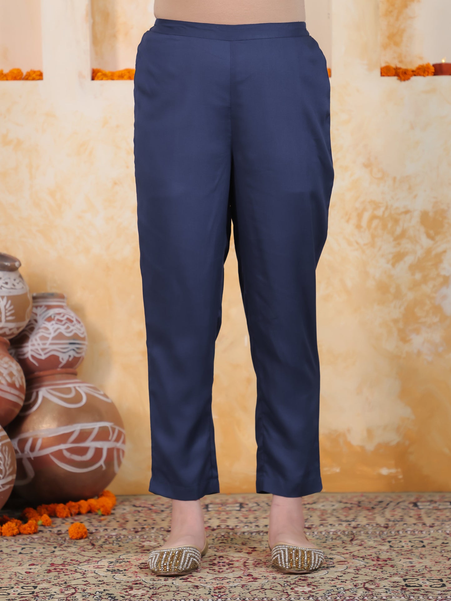 Kaantha Navy Blue Foil Viscose Kalidar Kurta