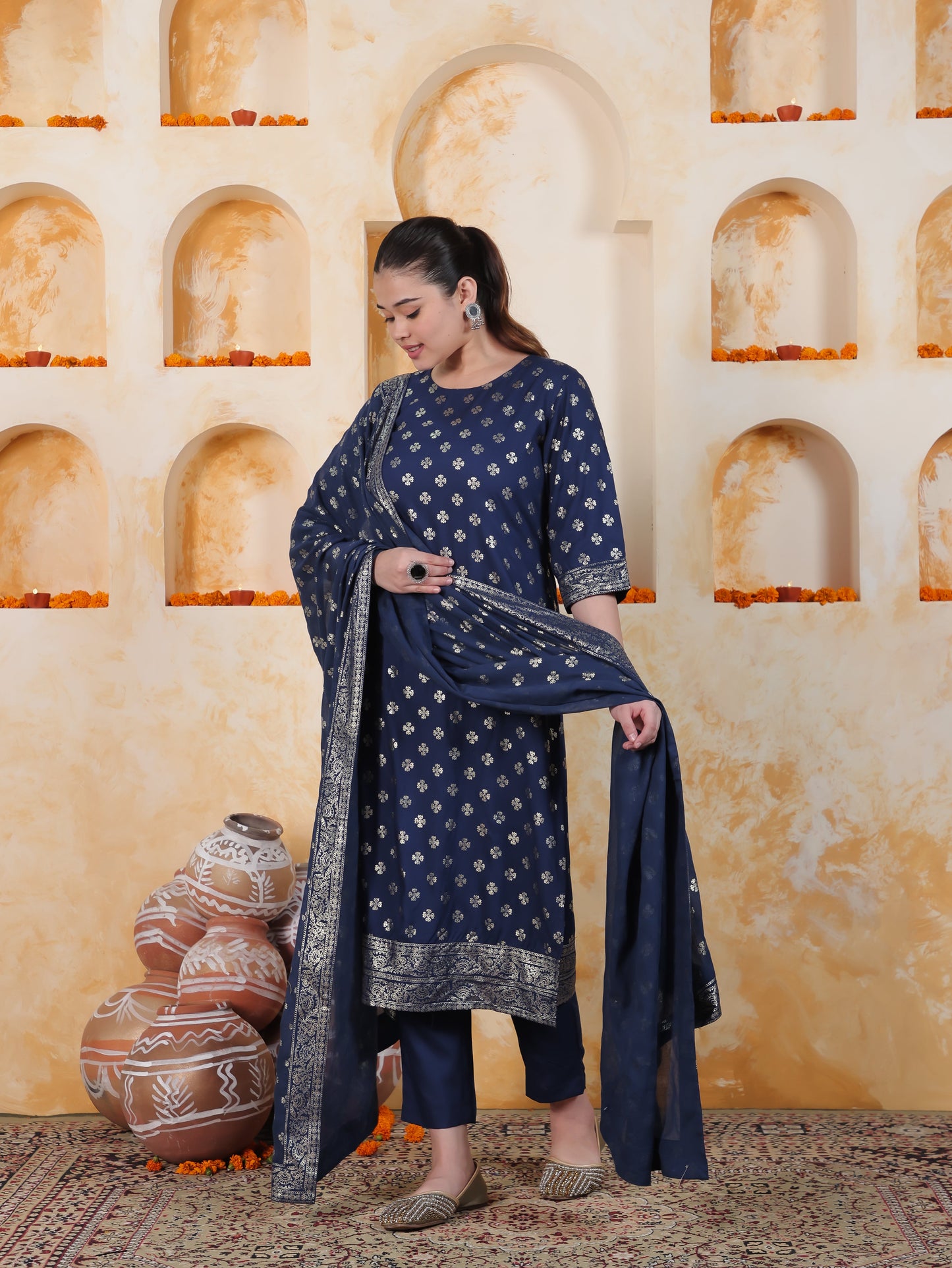 Navy Blue Foil Roman silk Straight Kurta