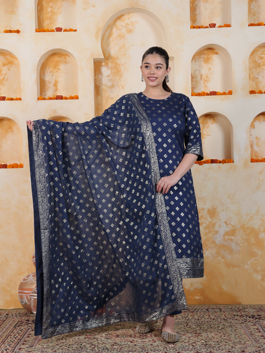 Navy Blue Foil Roman silk Straight Kurta