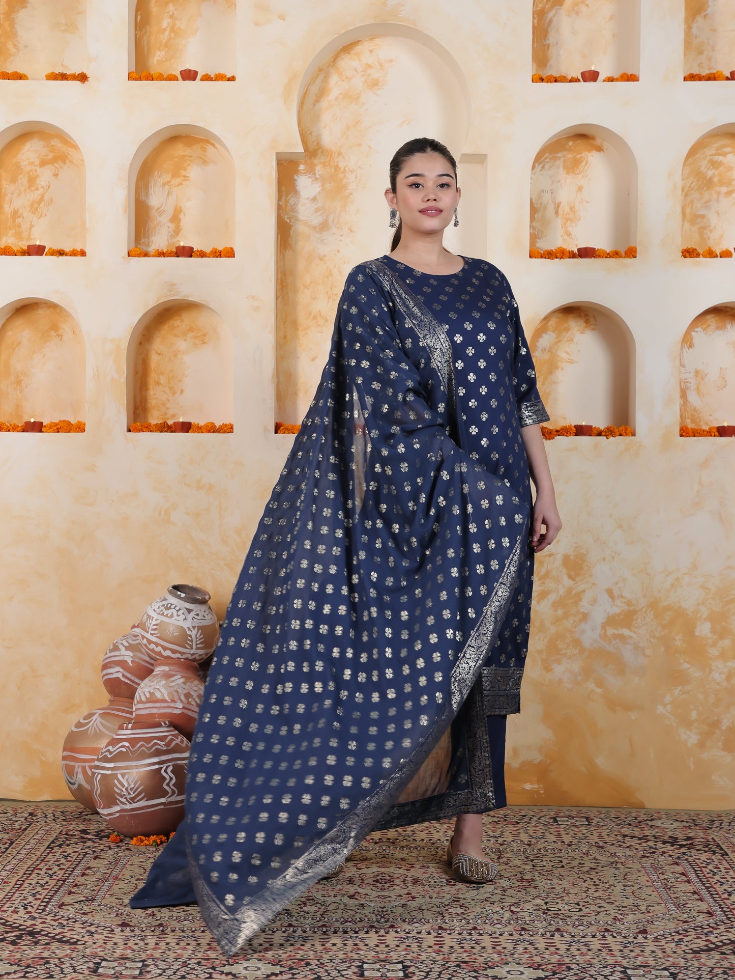 Navy Blue Foil Roman silk Straight Kurta