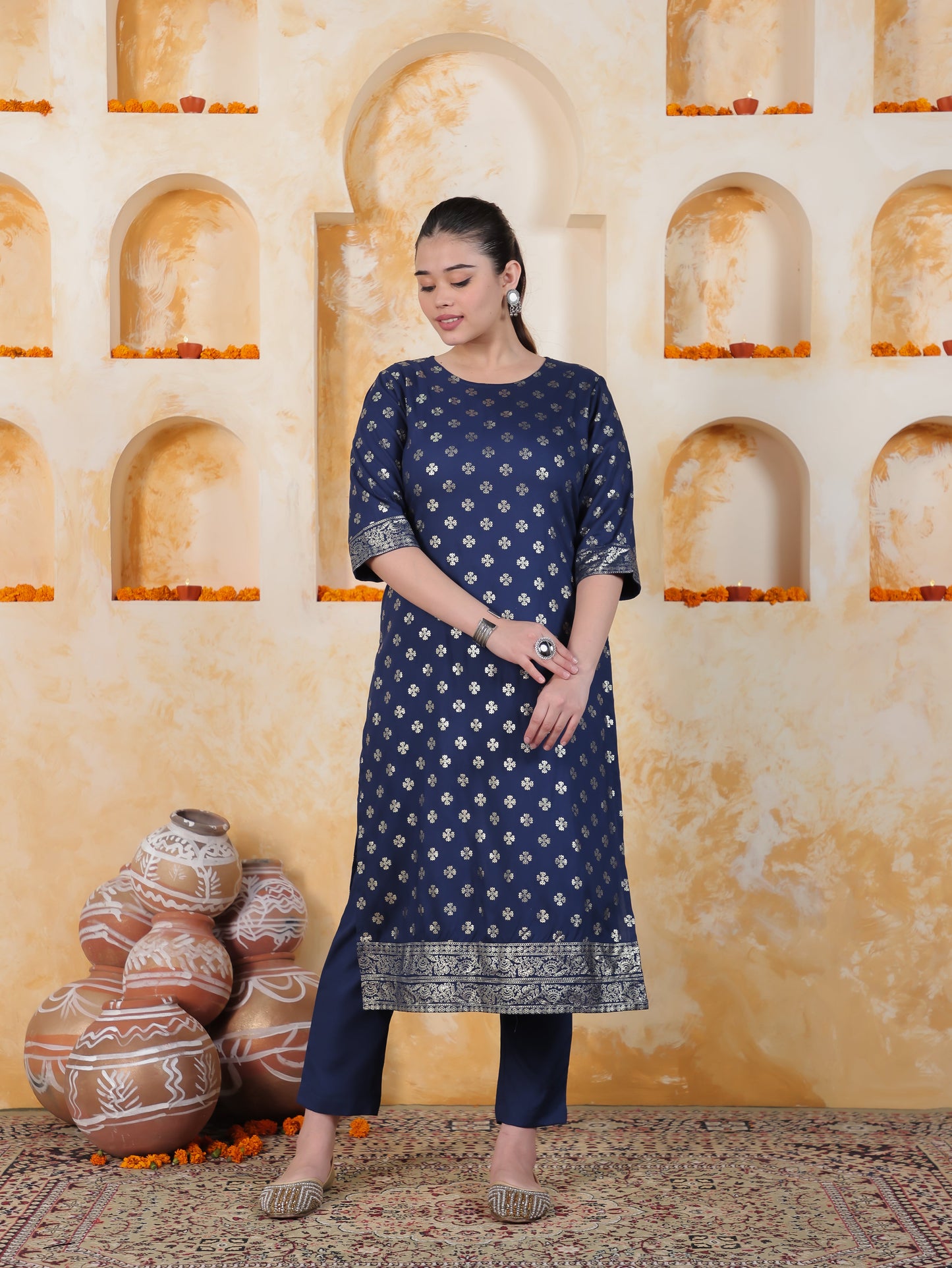 Navy Blue Foil Roman silk Straight Kurta