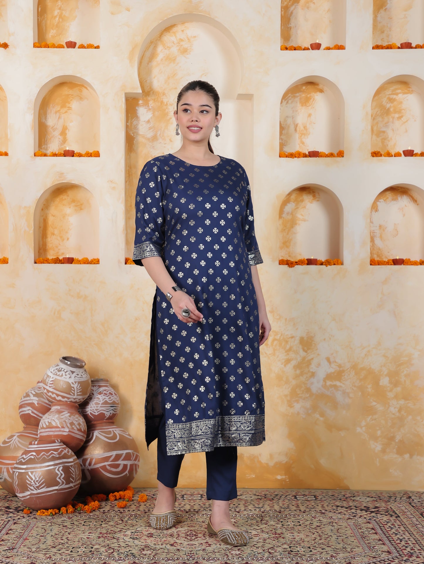 Navy Blue Foil Roman silk Straight Kurta