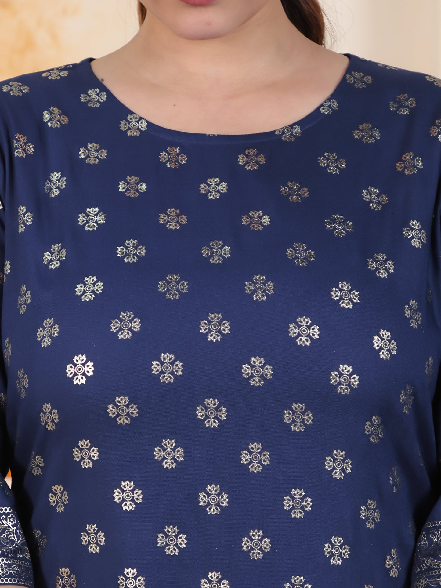 Navy Blue Foil Roman silk Straight Kurta