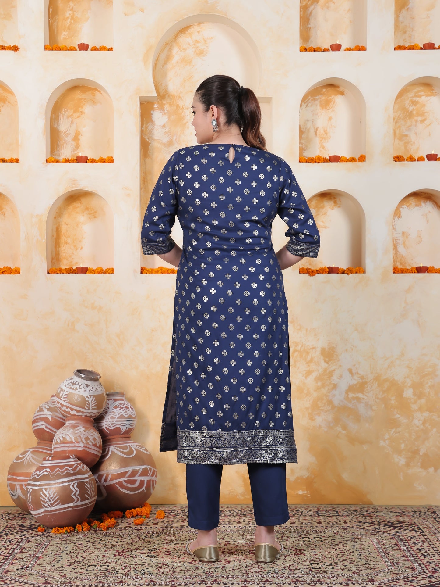 Navy Blue Foil Roman silk Straight Kurta