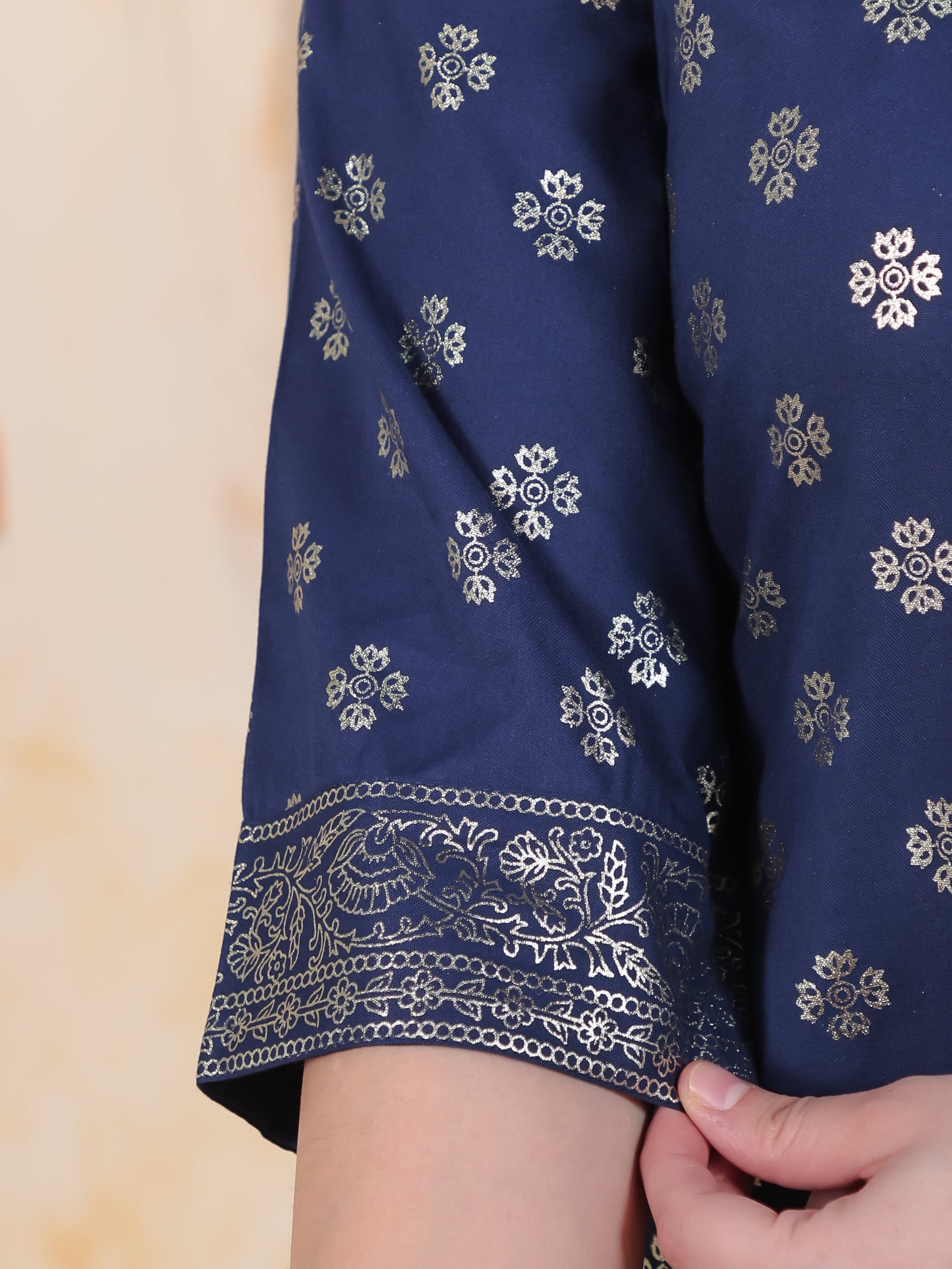 Navy Blue Foil Roman silk Straight Kurta