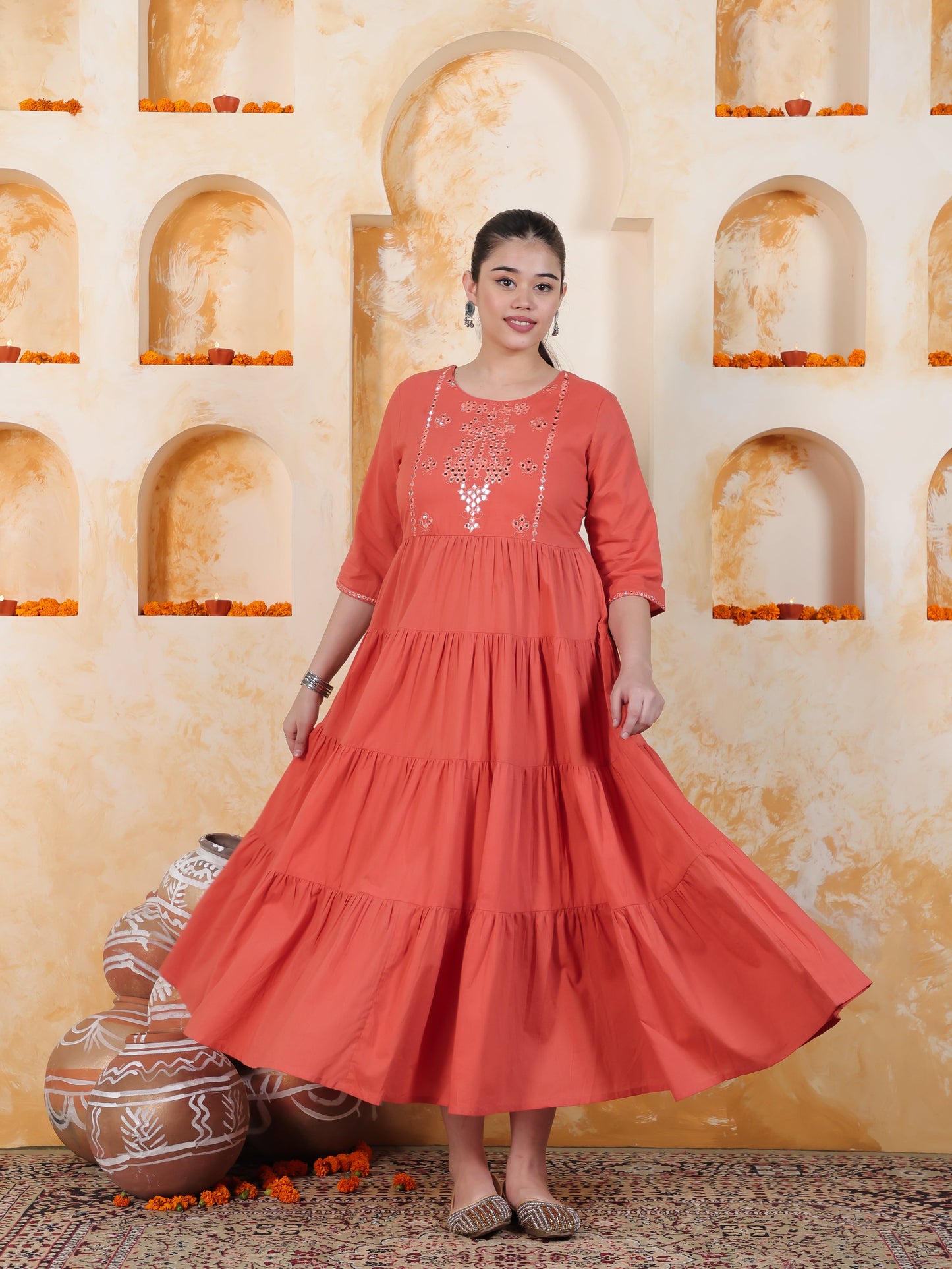 Mirror Work Brown Solid Viscose Tiered Kurta