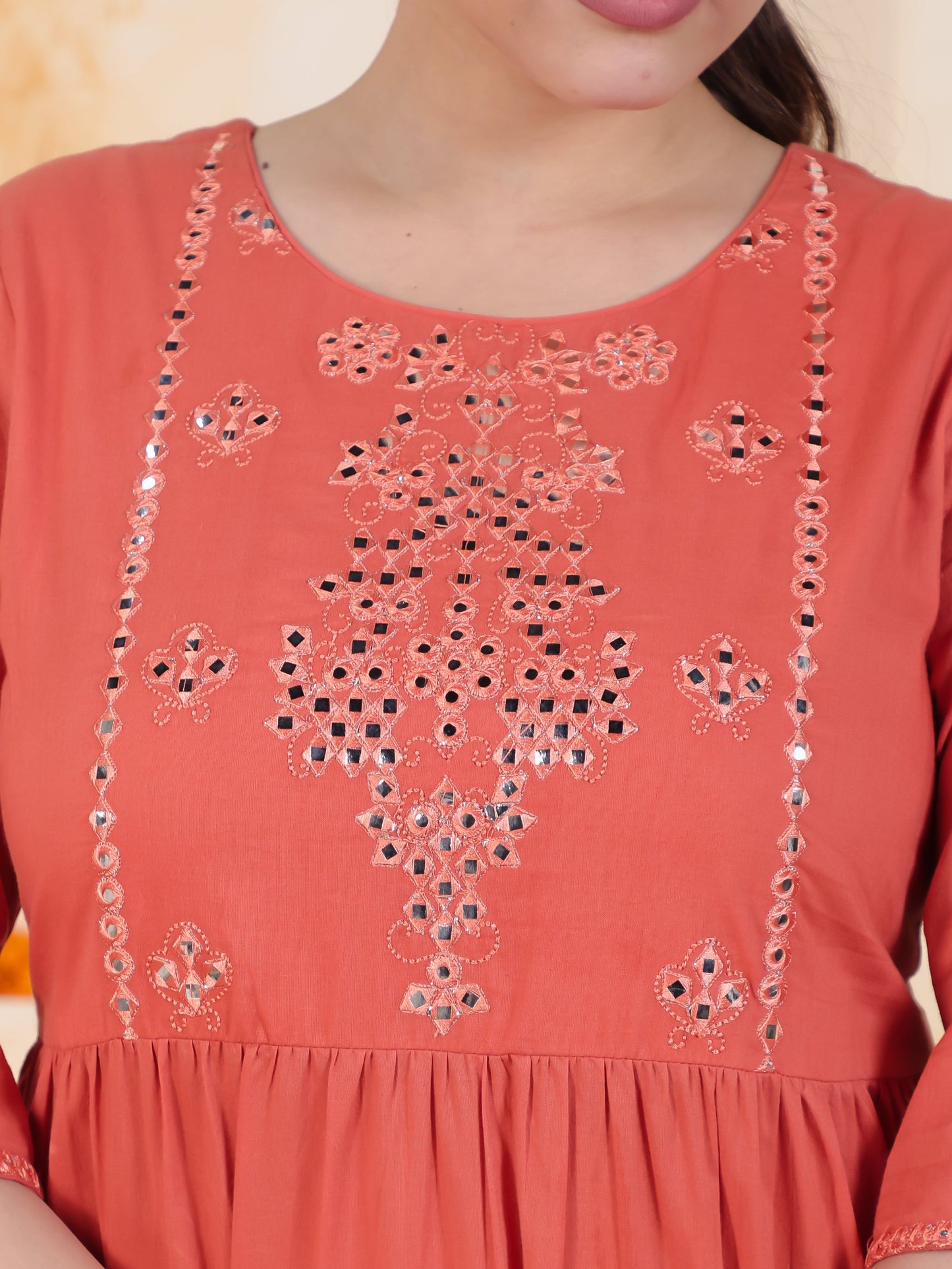 Mirror Work Brown Solid Viscose Tiered Kurta