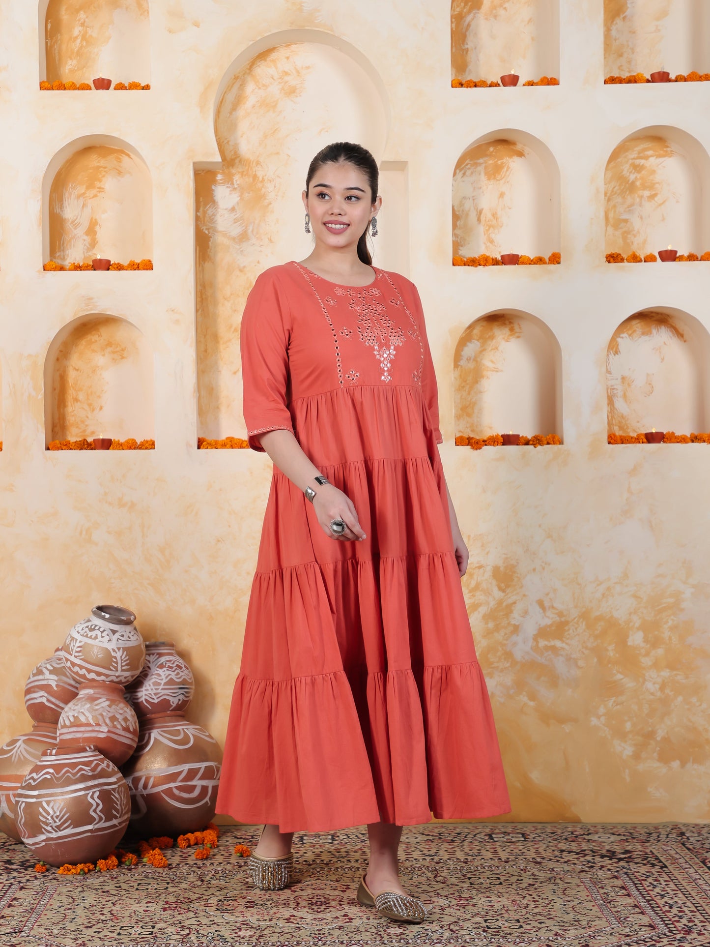 Mirror Work Brown Solid Viscose Tiered Kurta