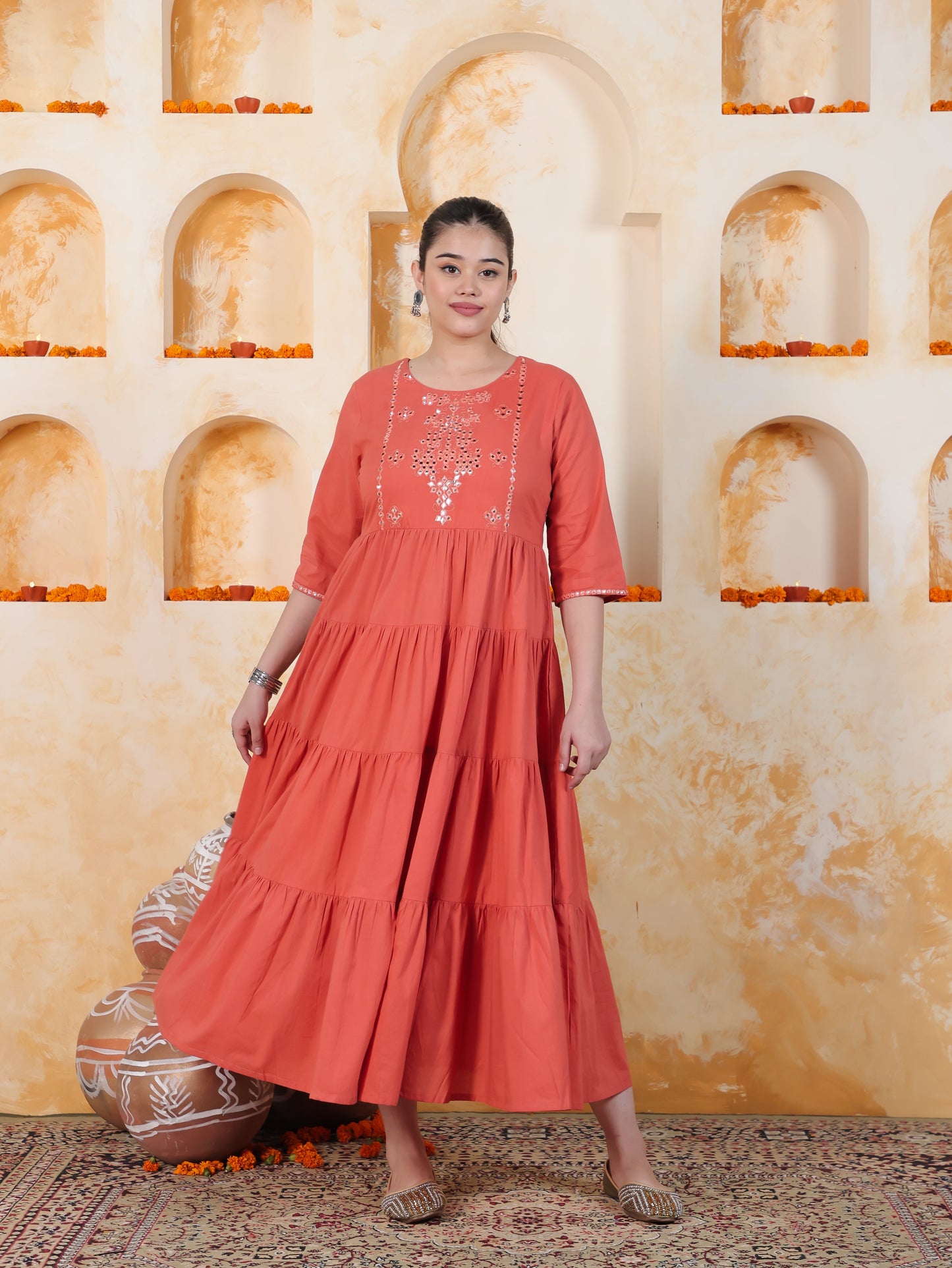 Mirror Work Brown Solid Viscose Tiered Kurta