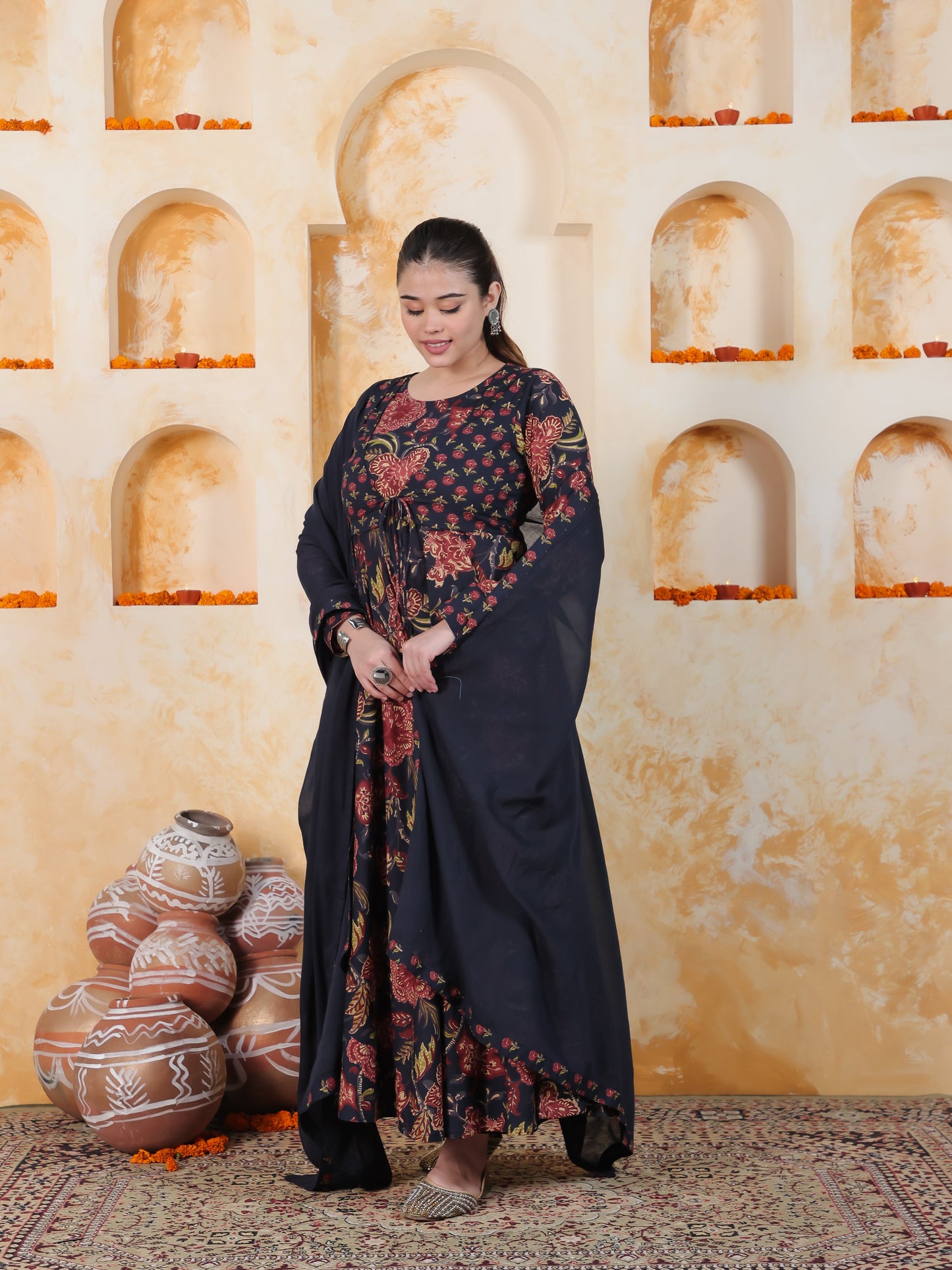 Tie-up Navy Blue Floral Natural Cotton Gathered Kurta