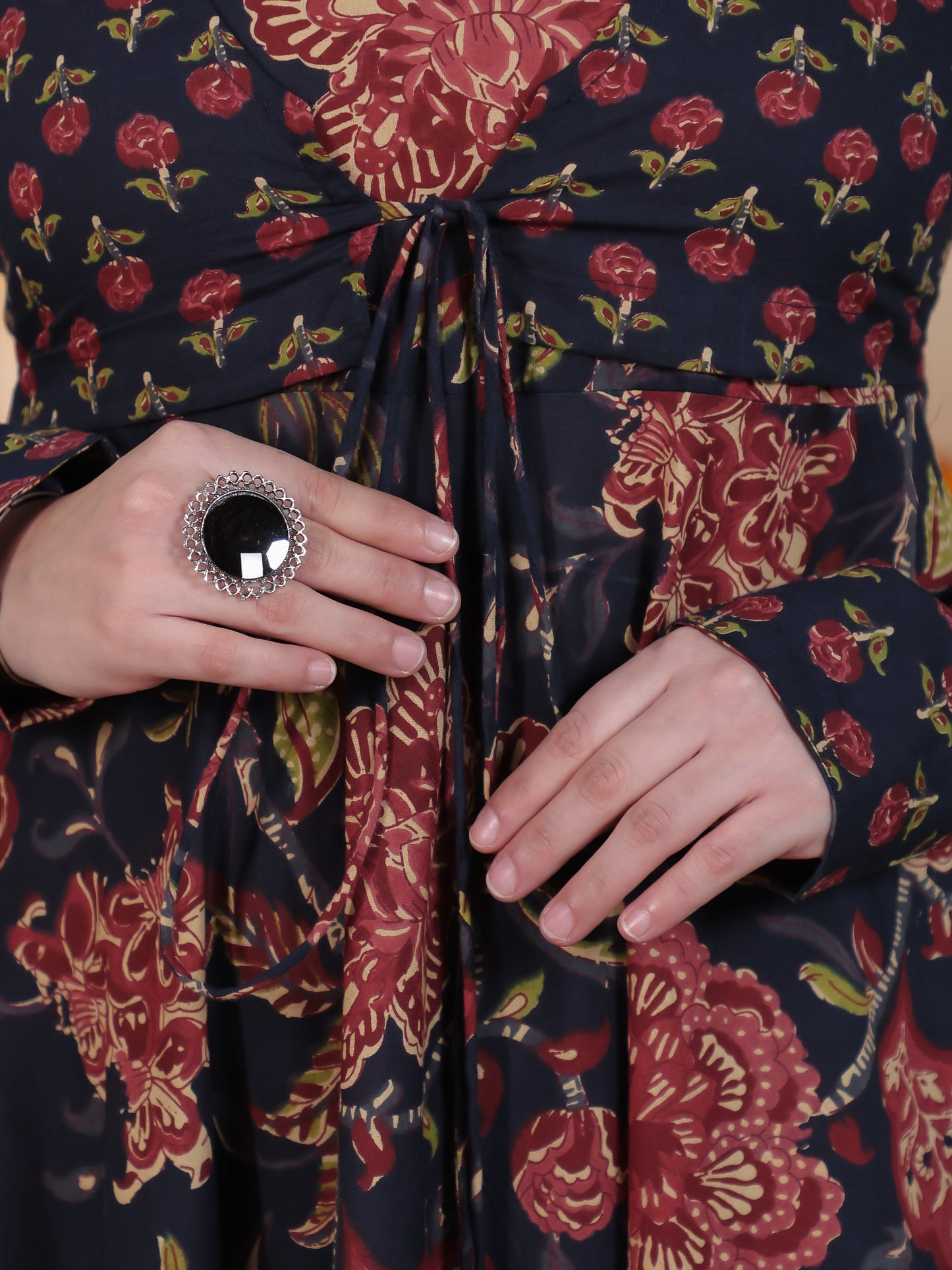 Tie-up Navy Blue Floral Natural Cotton Gathered Kurta