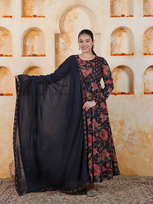 Tie-up Navy Blue Floral Natural Cotton Gathered Kurta