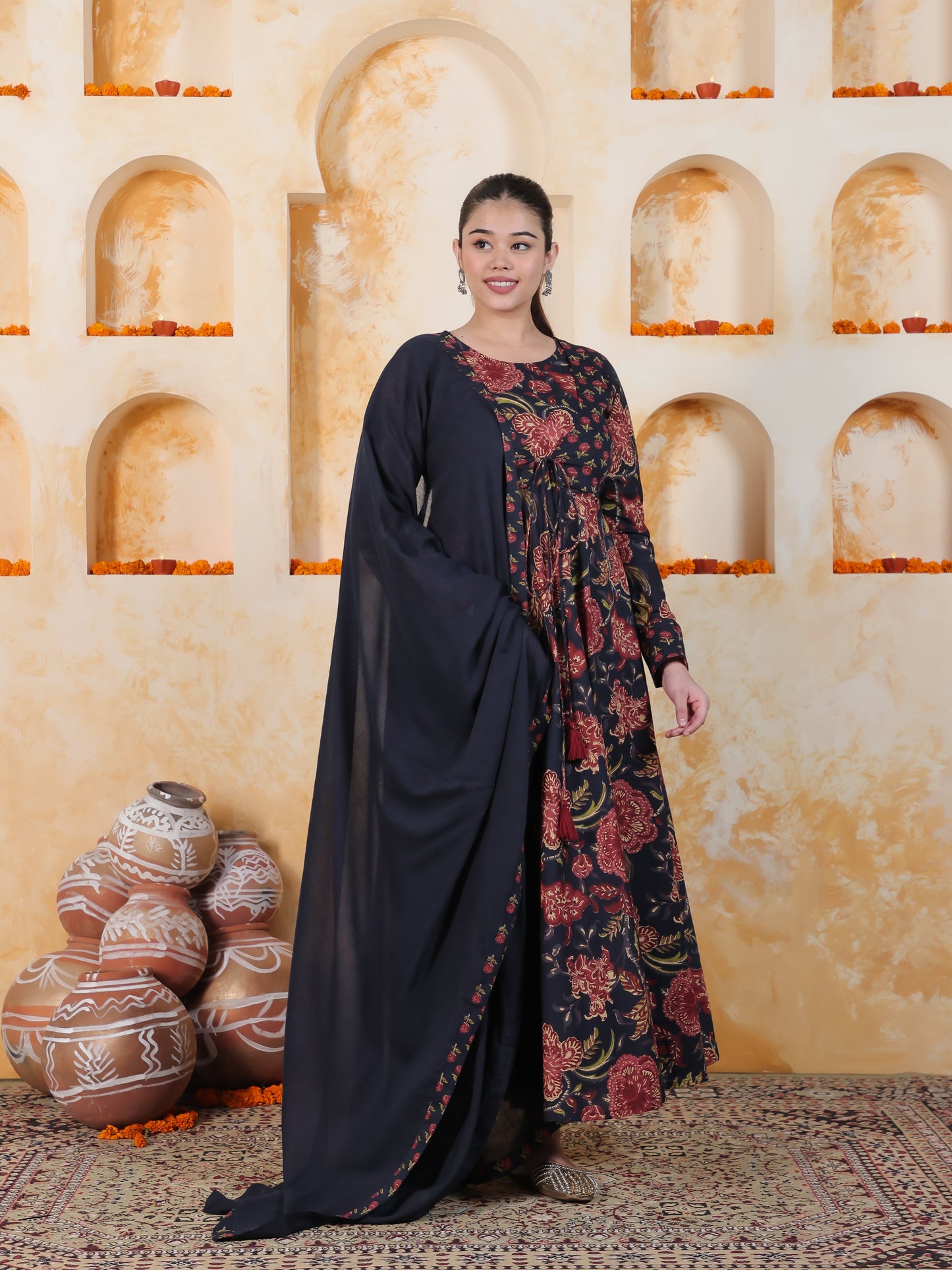 Tie-up Navy Blue Floral Natural Cotton Gathered Kurta