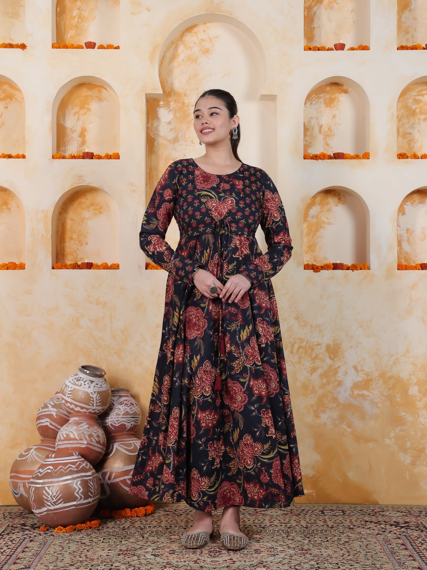 Tie-up Navy Blue Floral Natural Cotton Gathered Kurta
