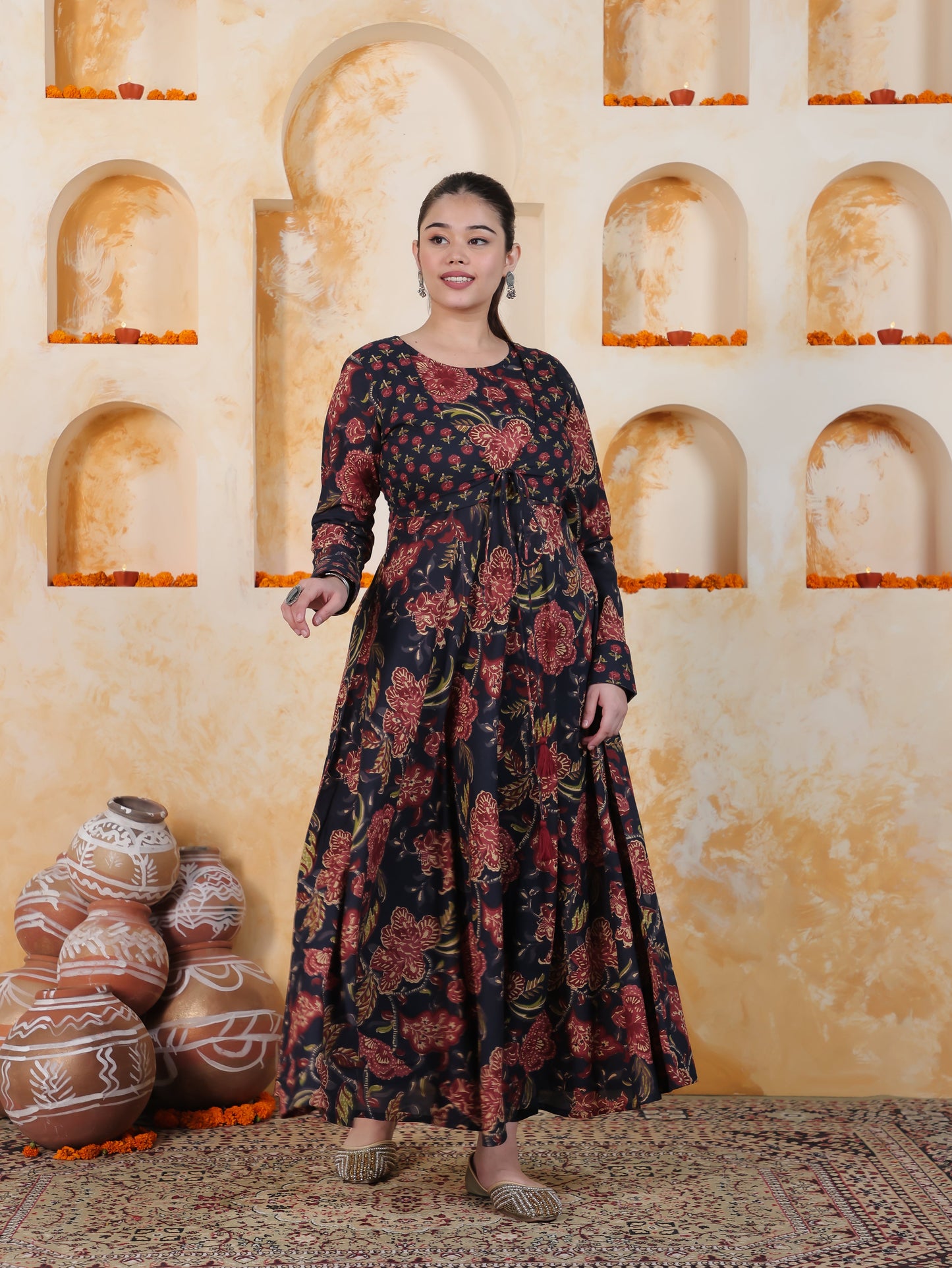 Tie-up Navy Blue Floral Natural Cotton Gathered Kurta