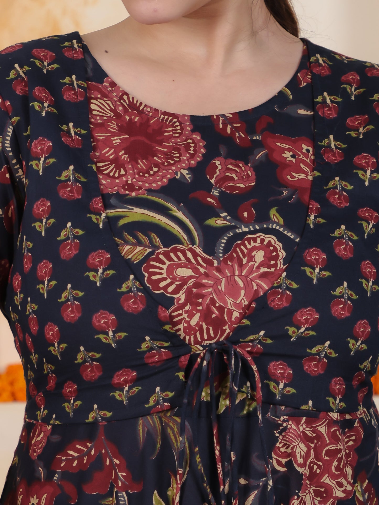 Tie-up Navy Blue Floral Natural Cotton Gathered Kurta