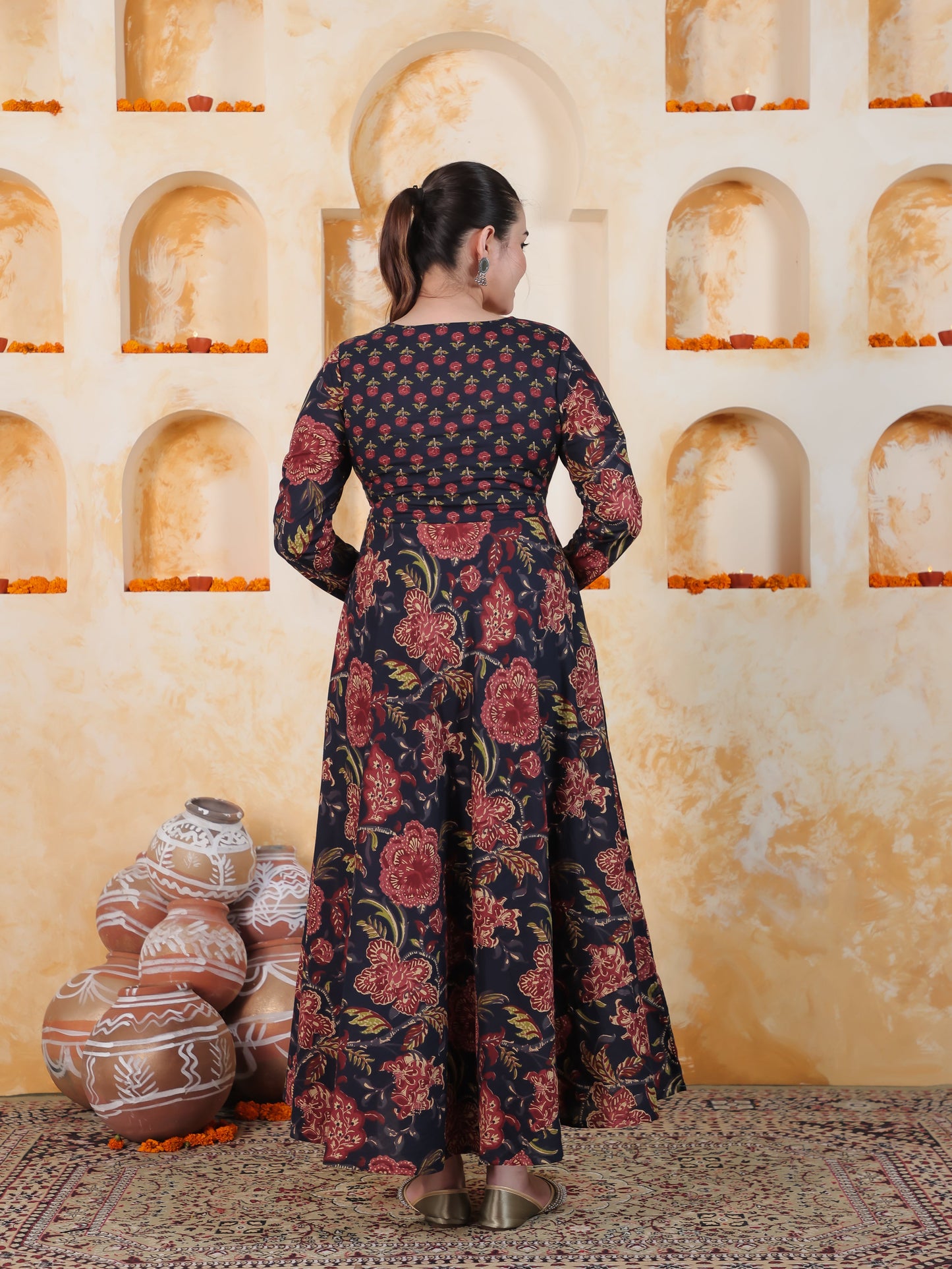 Tie-up Navy Blue Floral Natural Cotton Gathered Kurta