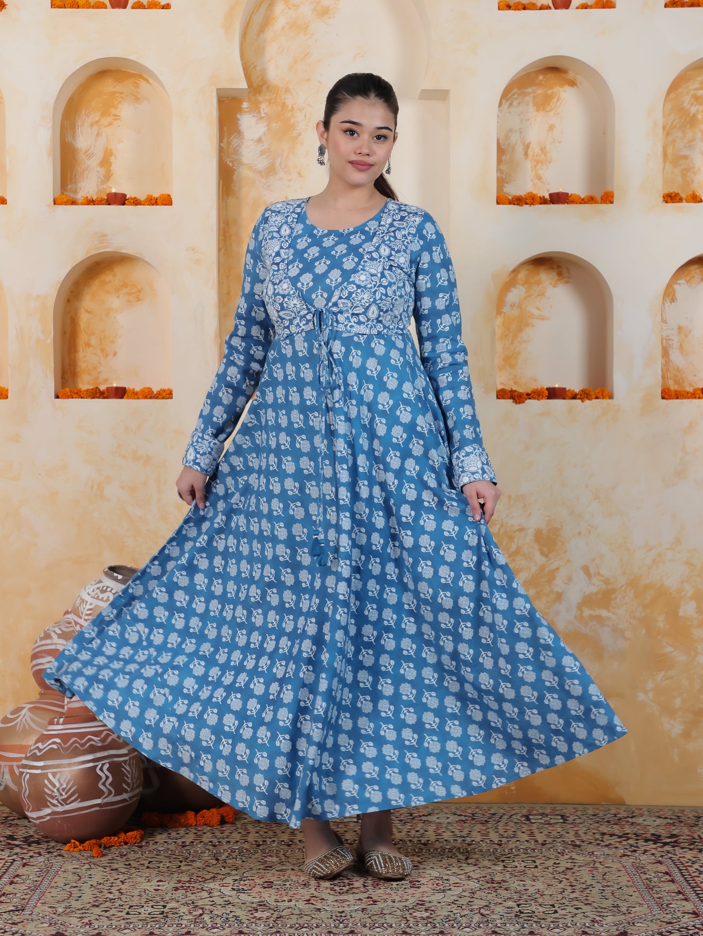 Tie-up Sky Blue Butta Natural Cotton Gathered Kurta