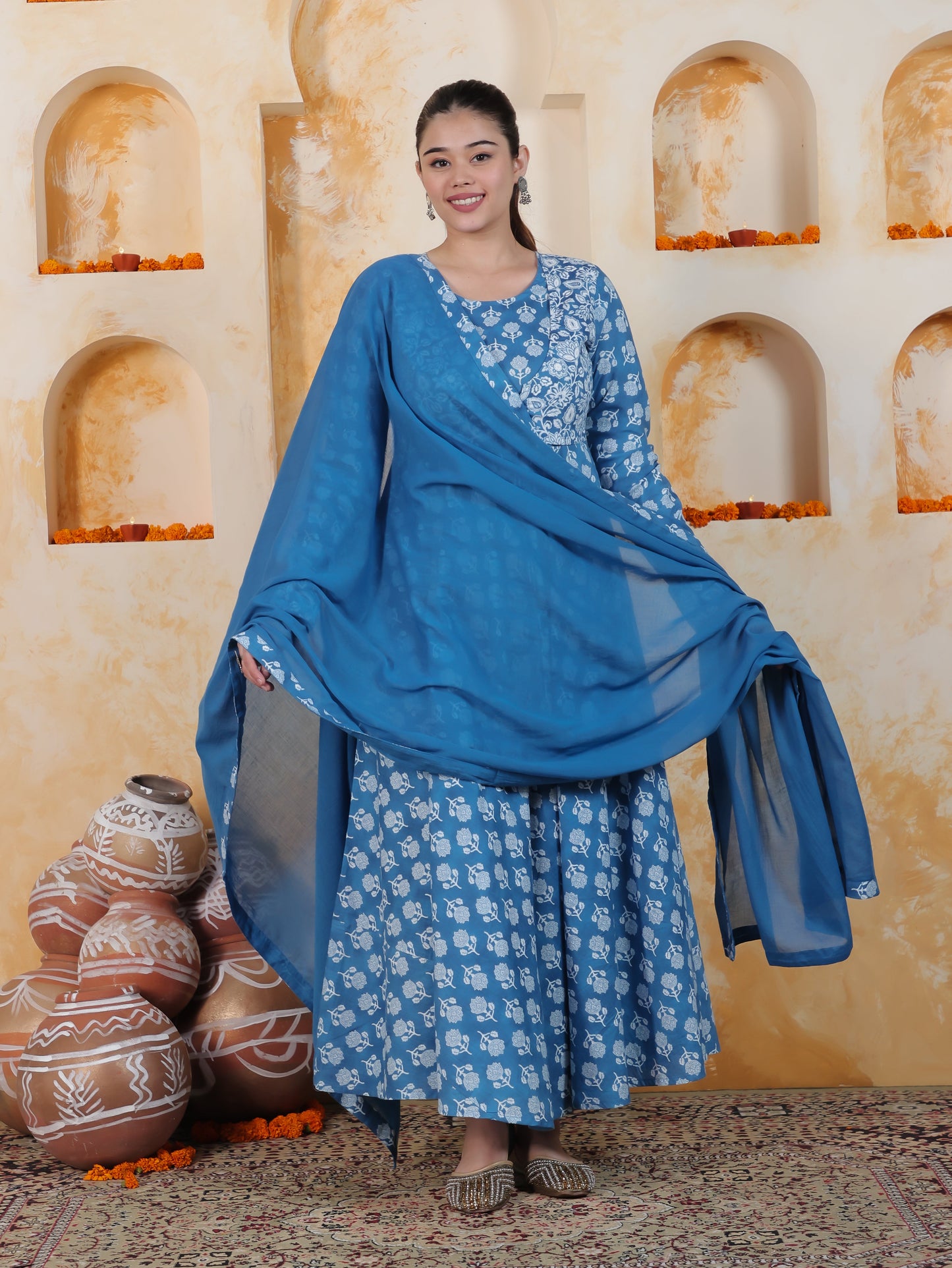 Tie-up Sky Blue Butta Natural Cotton Gathered Kurta