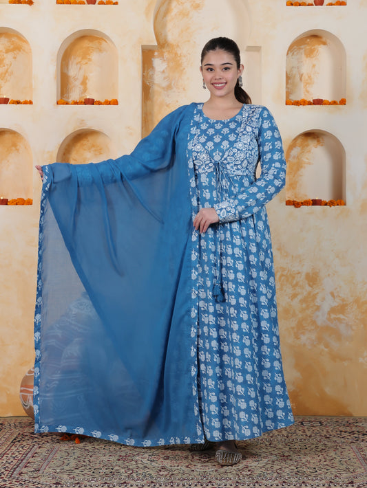 Tie-up Sky Blue Butta Natural Cotton Gathered Kurta