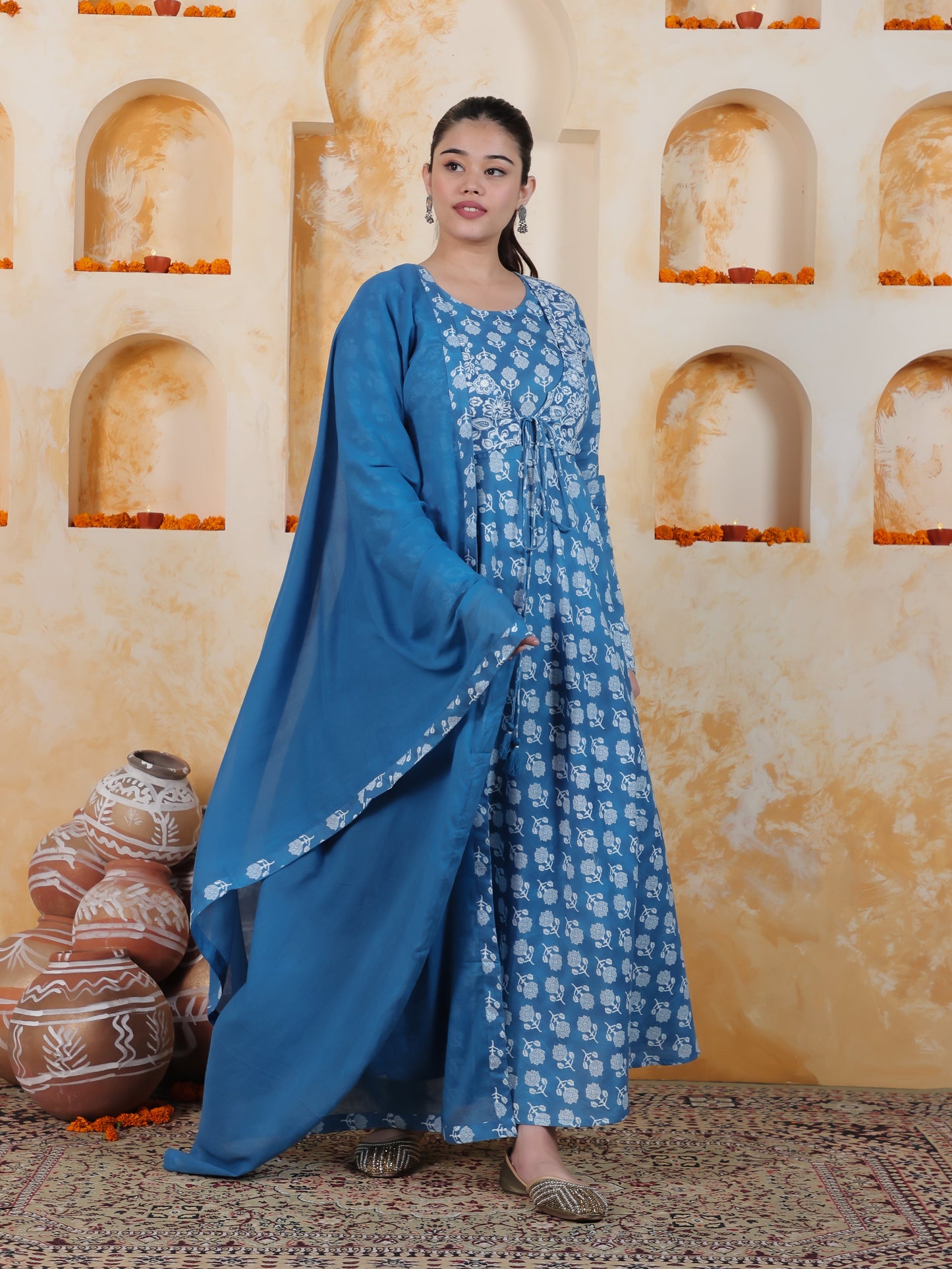 Tie-up Sky Blue Butta Natural Cotton Gathered Kurta