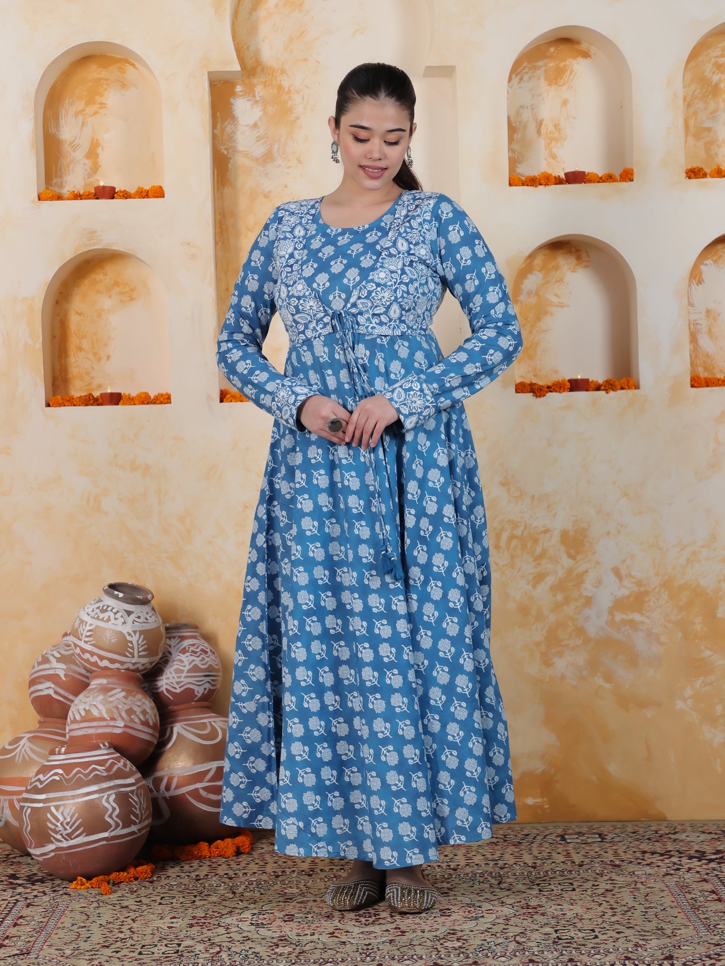 Tie-up Sky Blue Butta Natural Cotton Gathered Kurta