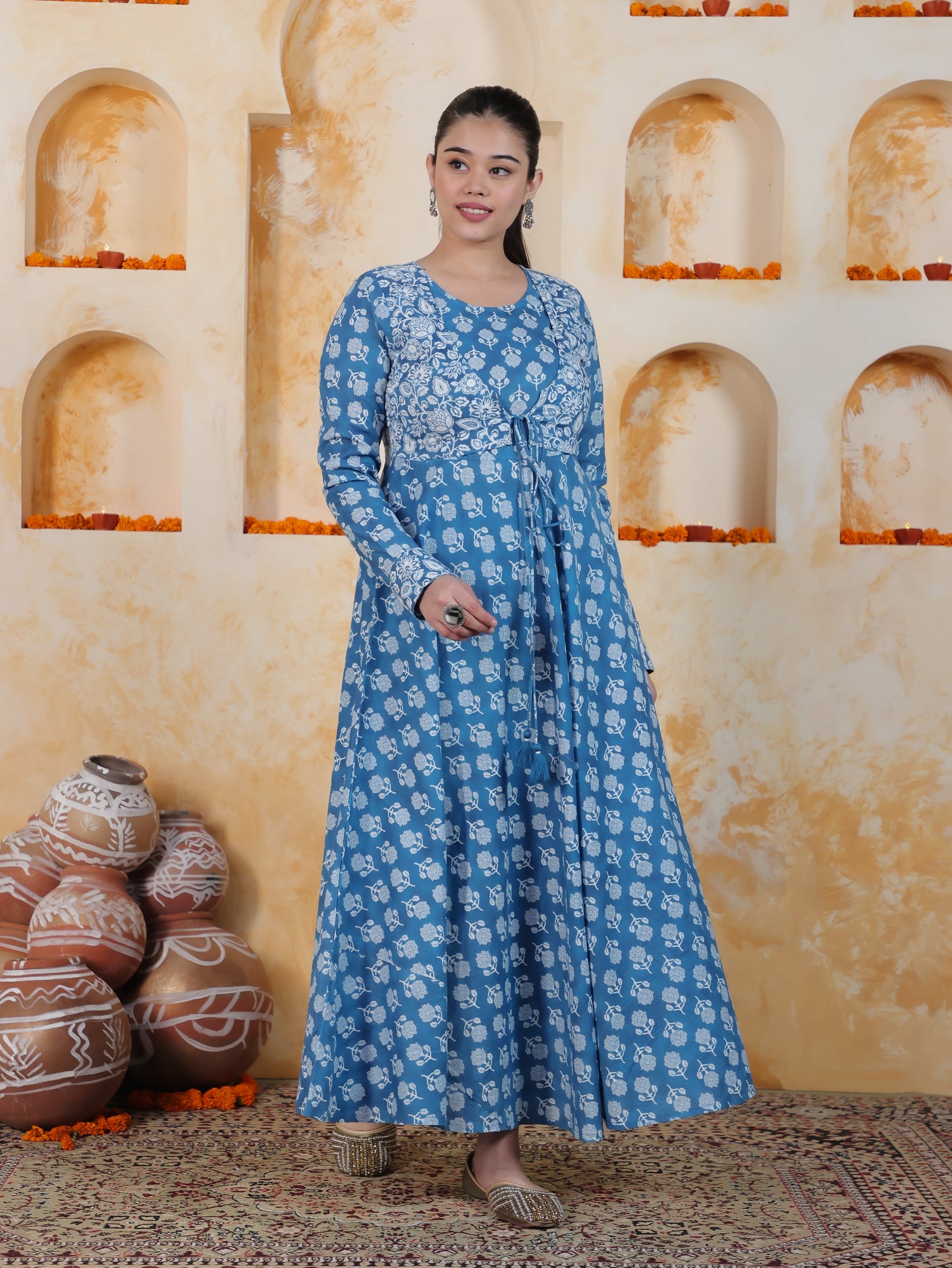 Tie-up Sky Blue Butta Natural Cotton Gathered Kurta
