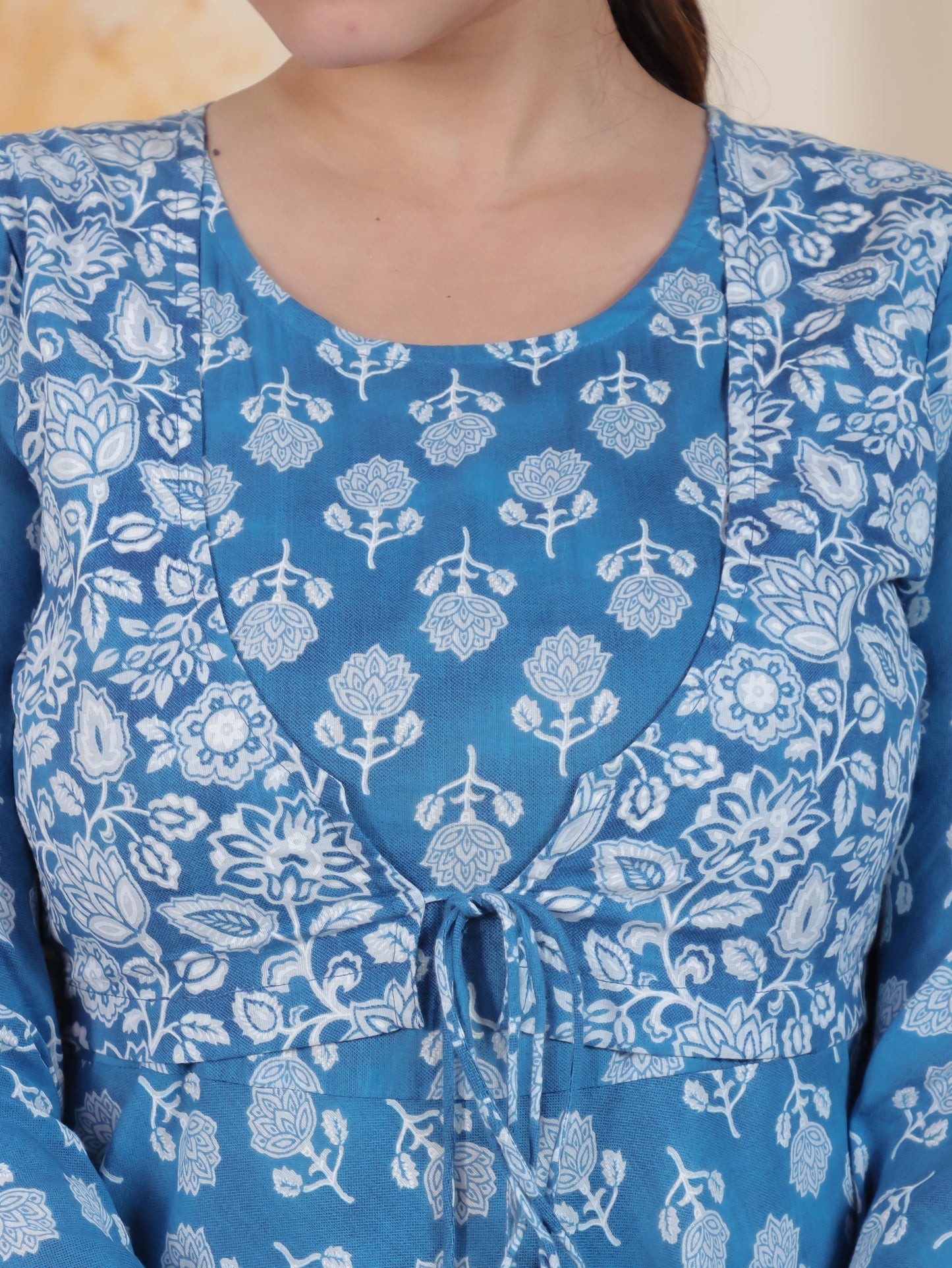 Tie-up Sky Blue Butta Natural Cotton Gathered Kurta