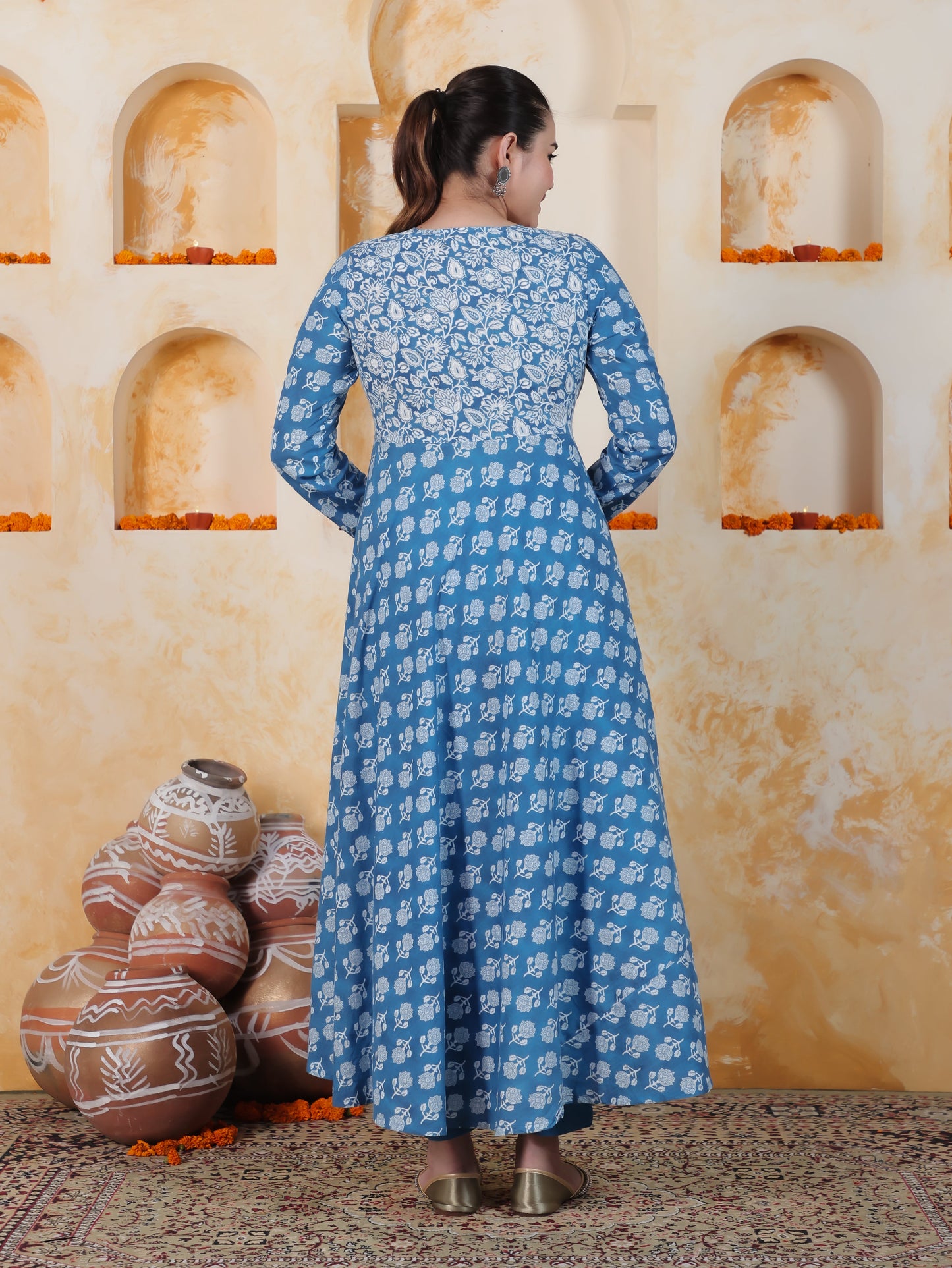 Tie-up Sky Blue Butta Natural Cotton Gathered Kurta