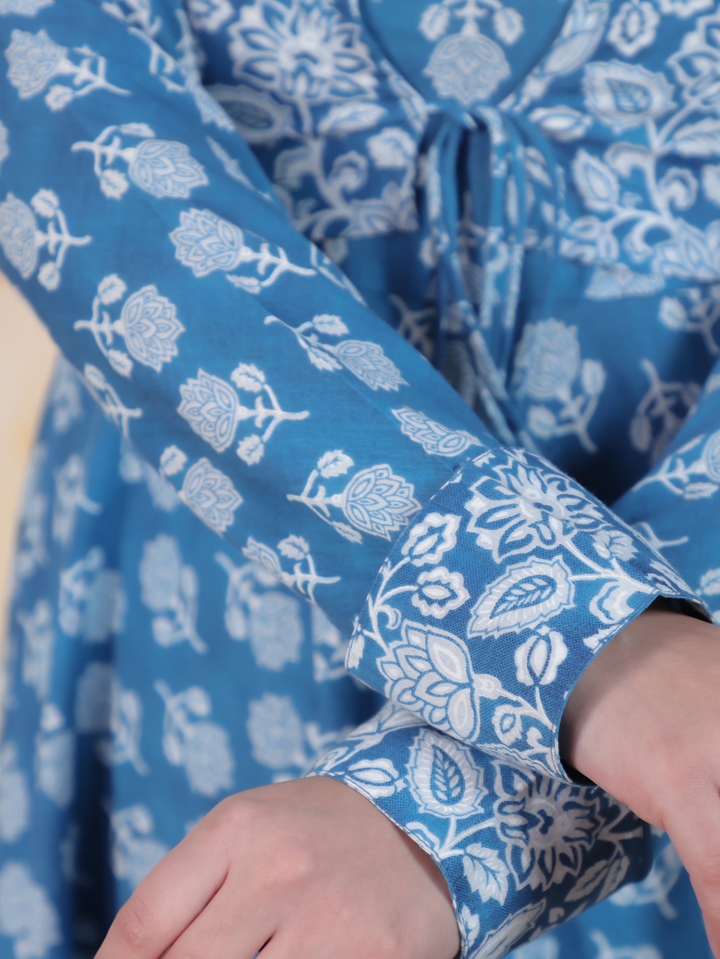 Tie-up Sky Blue Butta Natural Cotton Gathered Kurta