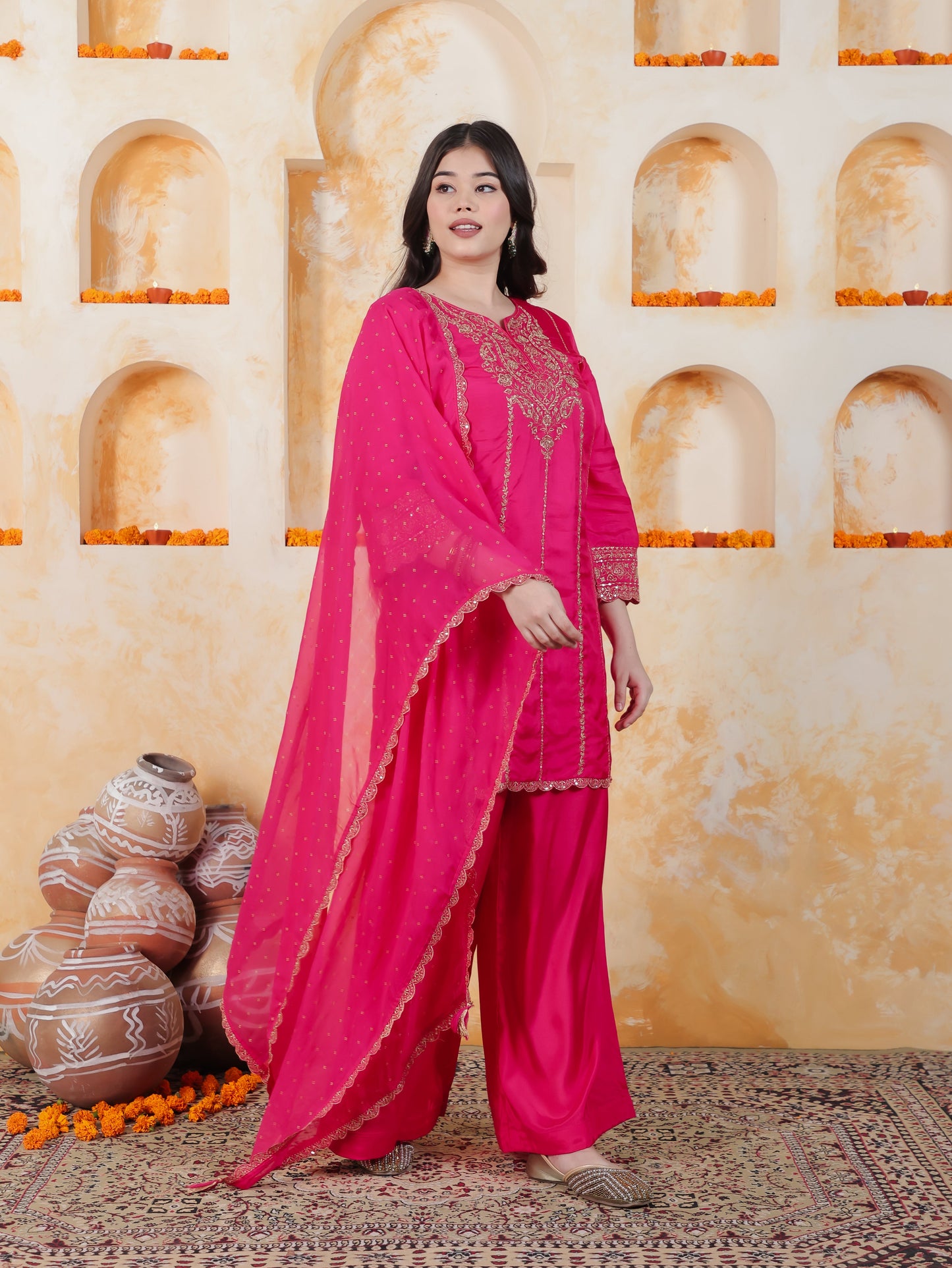 Zari Pink Roman silk Straight Kurta