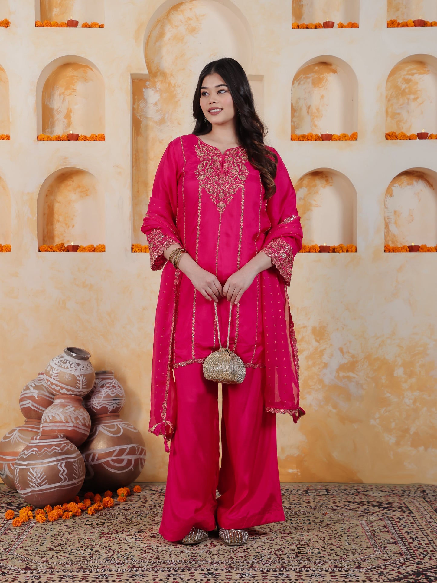 Zari Pink Roman silk Straight Kurta