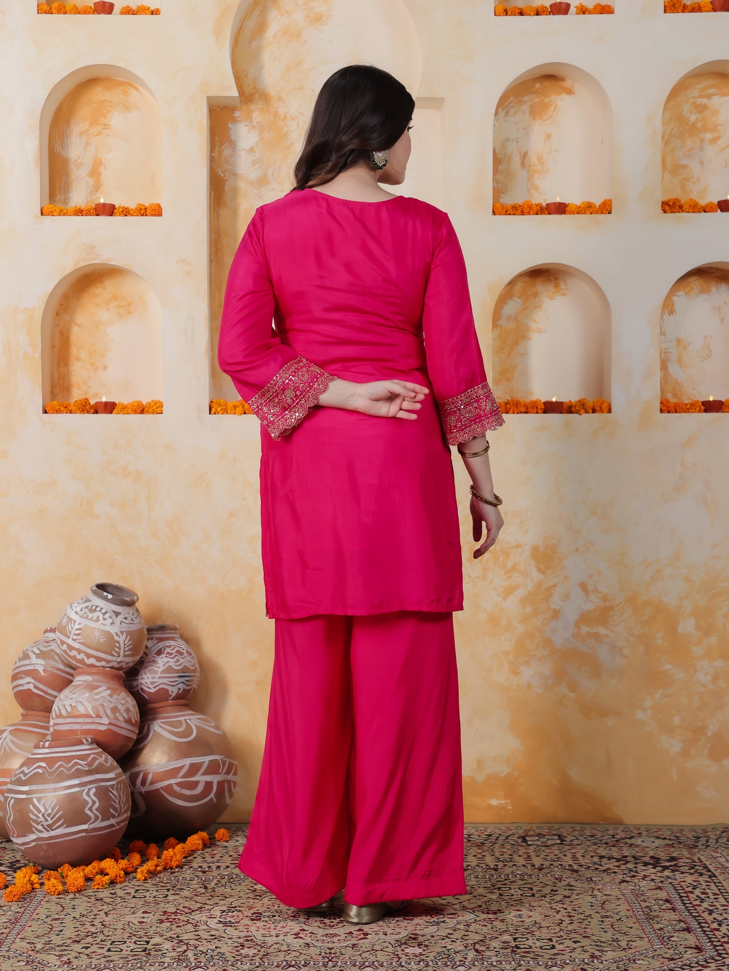 Zari Pink Roman silk Straight Kurta