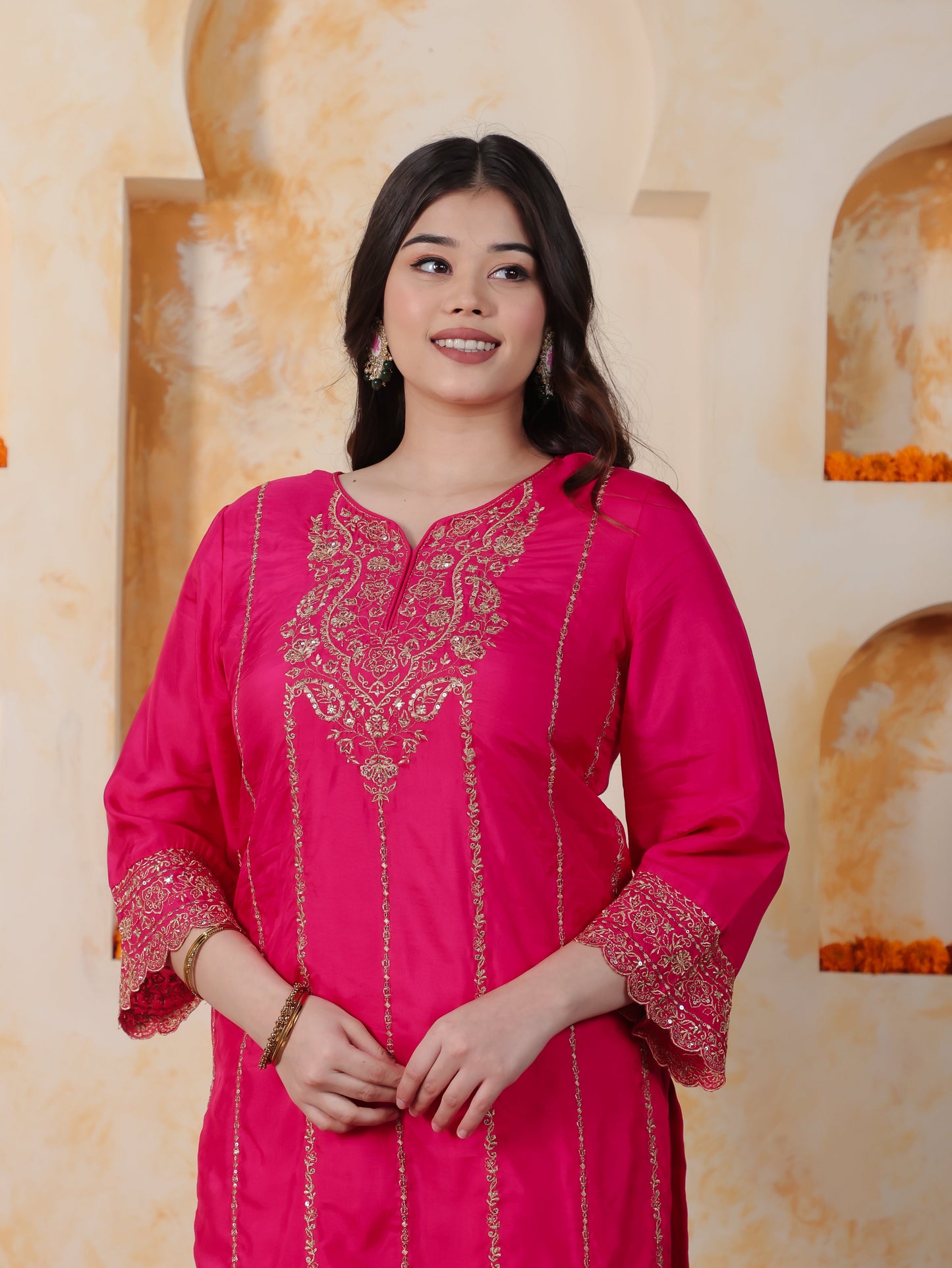 Zari Pink Roman silk Straight Kurta