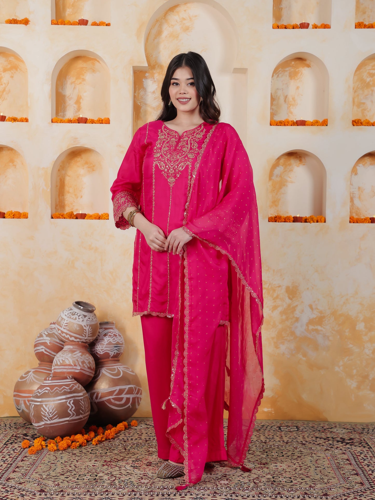 Zari Pink Roman silk Straight Kurta