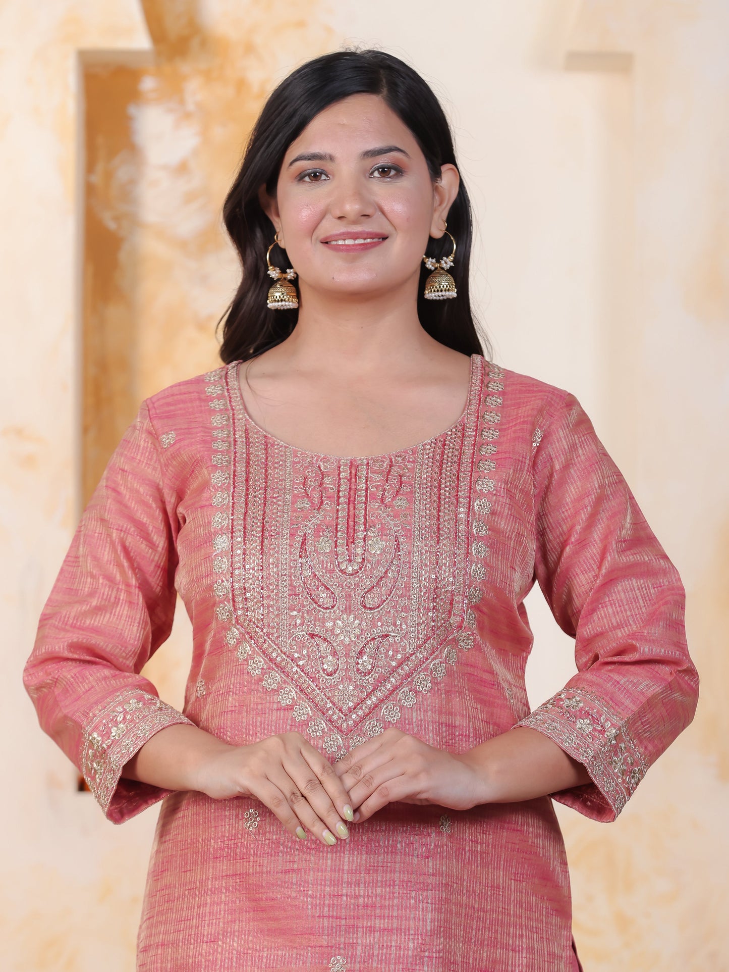 Zari Pink Chinon Chiffon Straight Kurta