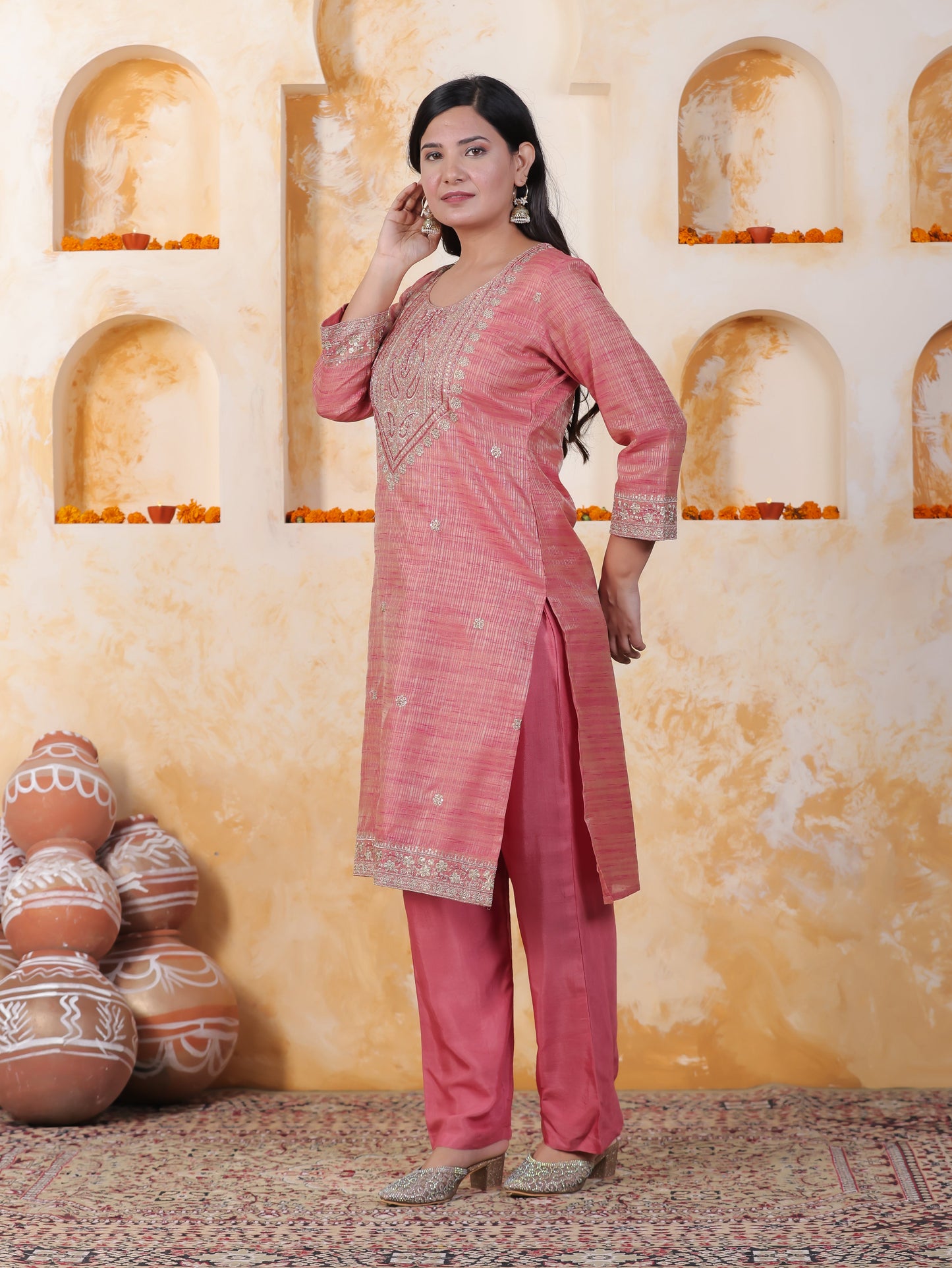 Zari Pink Chinon Chiffon Straight Kurta